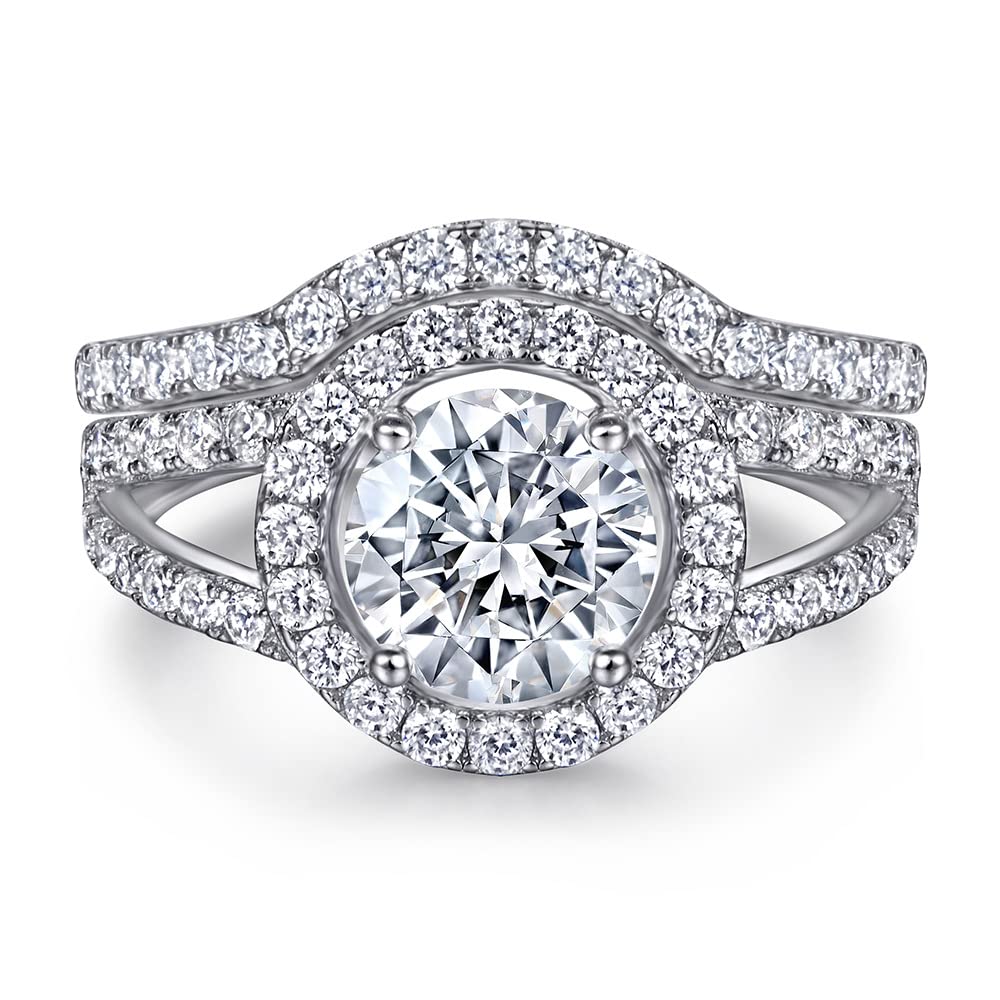 1 Carat Moissanite Wedding Ring Set for Women - Platinum Plated Silver Bridal Set with Engagement & Promise Rings - Anniversary Gift with Text Engraving - Perfect for Proposals, Weddings & Romantic Occasions