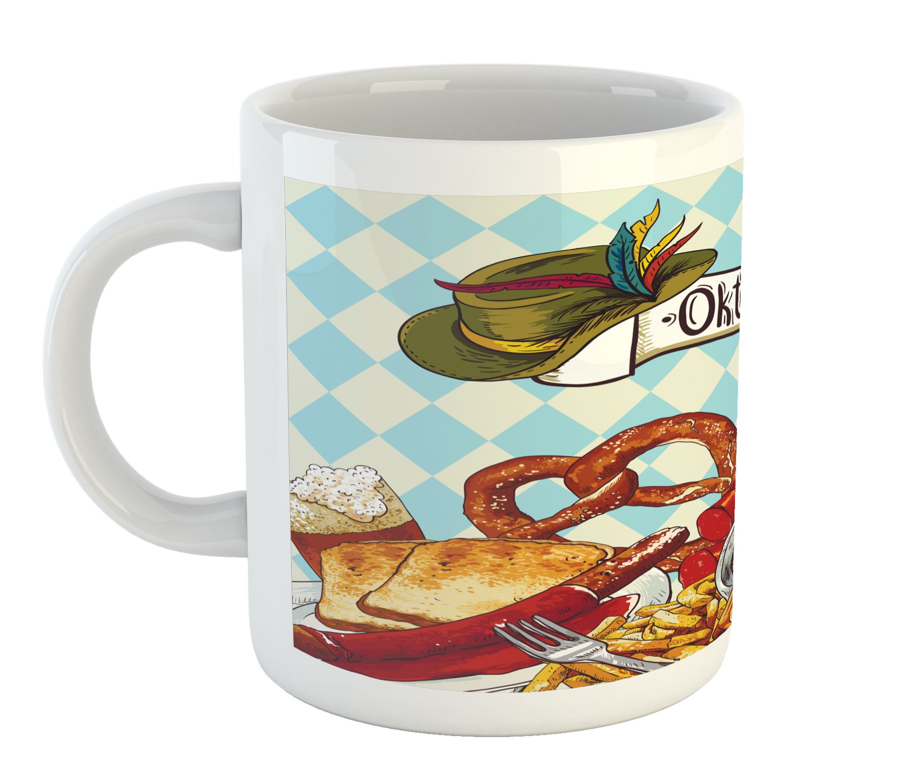 Lunarable Oktoberfest Beer Mug - Printed Ceramic Coffee Cup for Tea, Water & Drinks - Colorful Pretzel Carnival & German Festival Design - Perfect for Oktoberfest Parties, Themed Events & Gift Giving