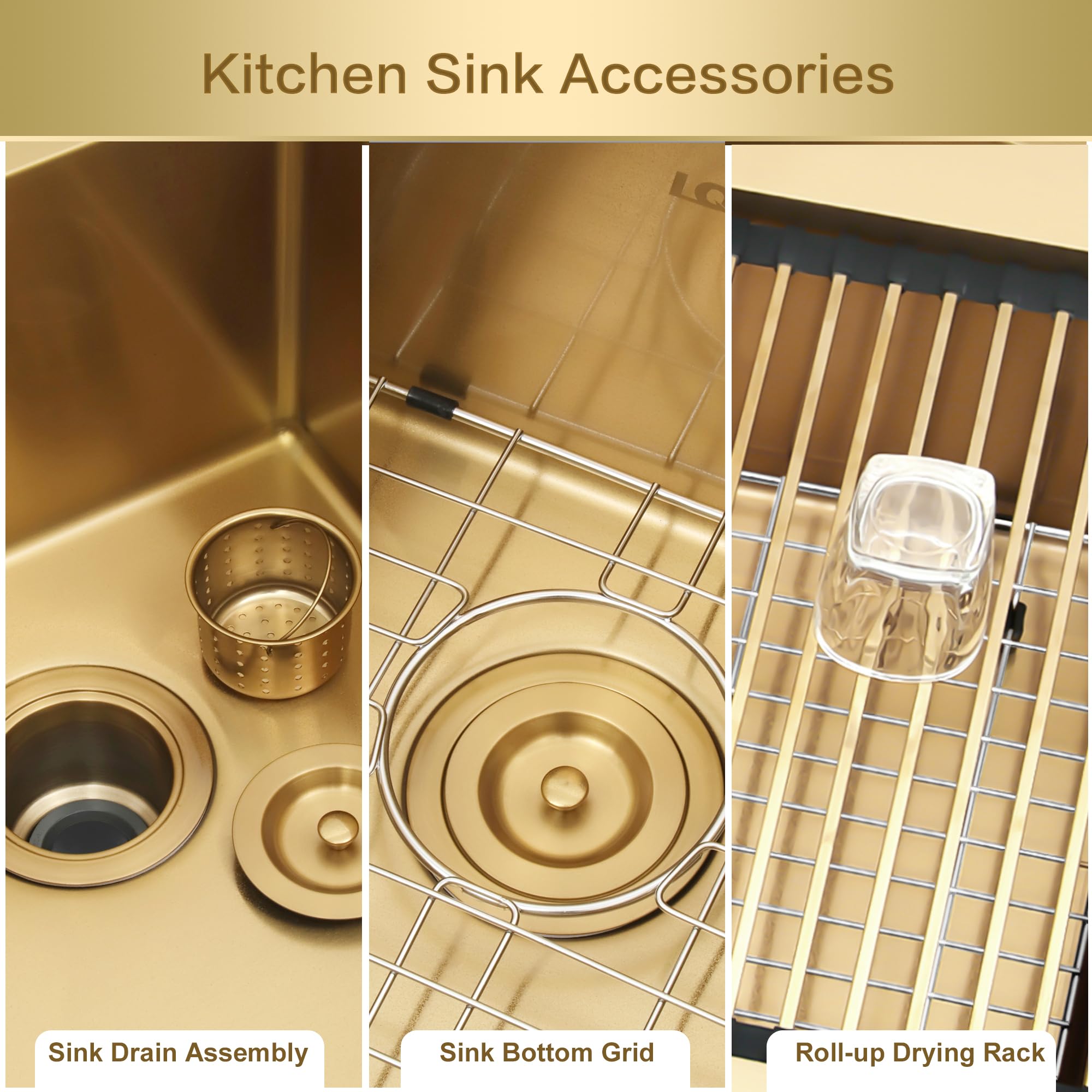 LQS 31 Inch Undermount Double Bowl Stainless Steel Kitchen Sink with Accessories - Gold Finish for Modern Farmhouse & Luxury Home Kitchen Renovation