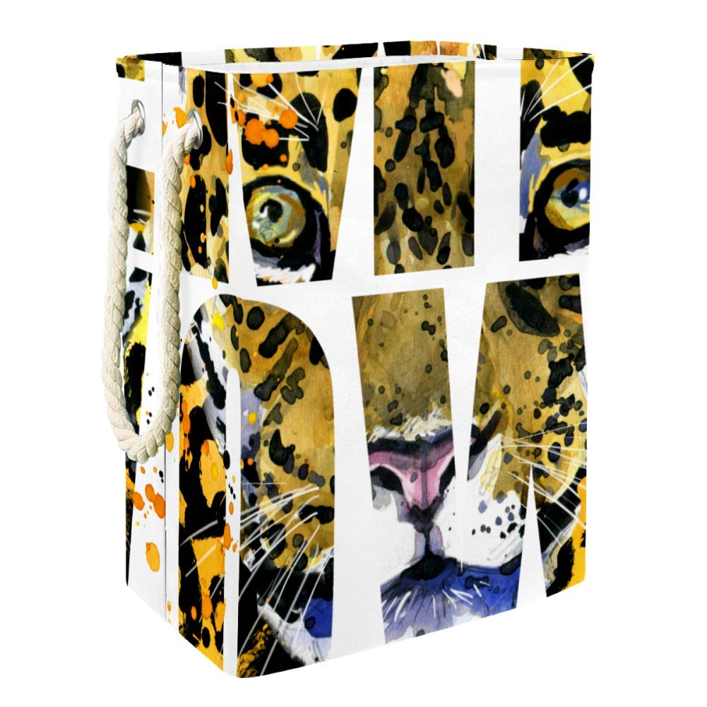 DJROW Collapsible Storage Baskets with Handles - Leopard Watercolor & Meow Abstract Design - Foldable Laundry Hamper for Toys, Clothes & Home Organization (Perfect for Nursery, Playroom & Closet Storage)