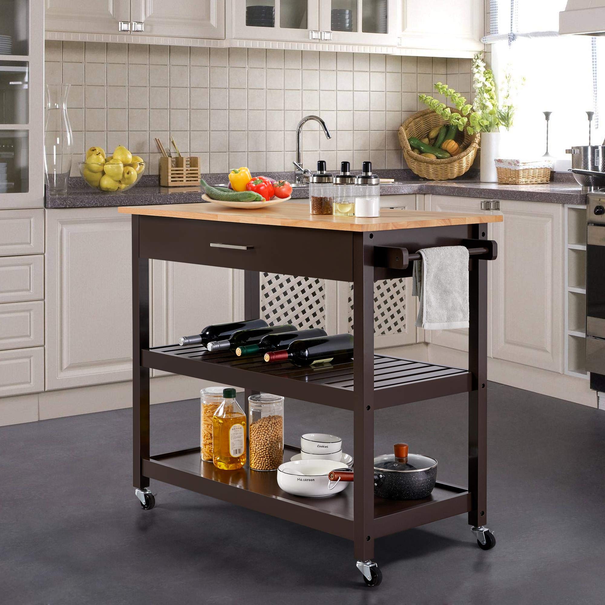 Yaheetech 3-Tier Rolling Kitchen Cart with Bamboo Tabletop - 40