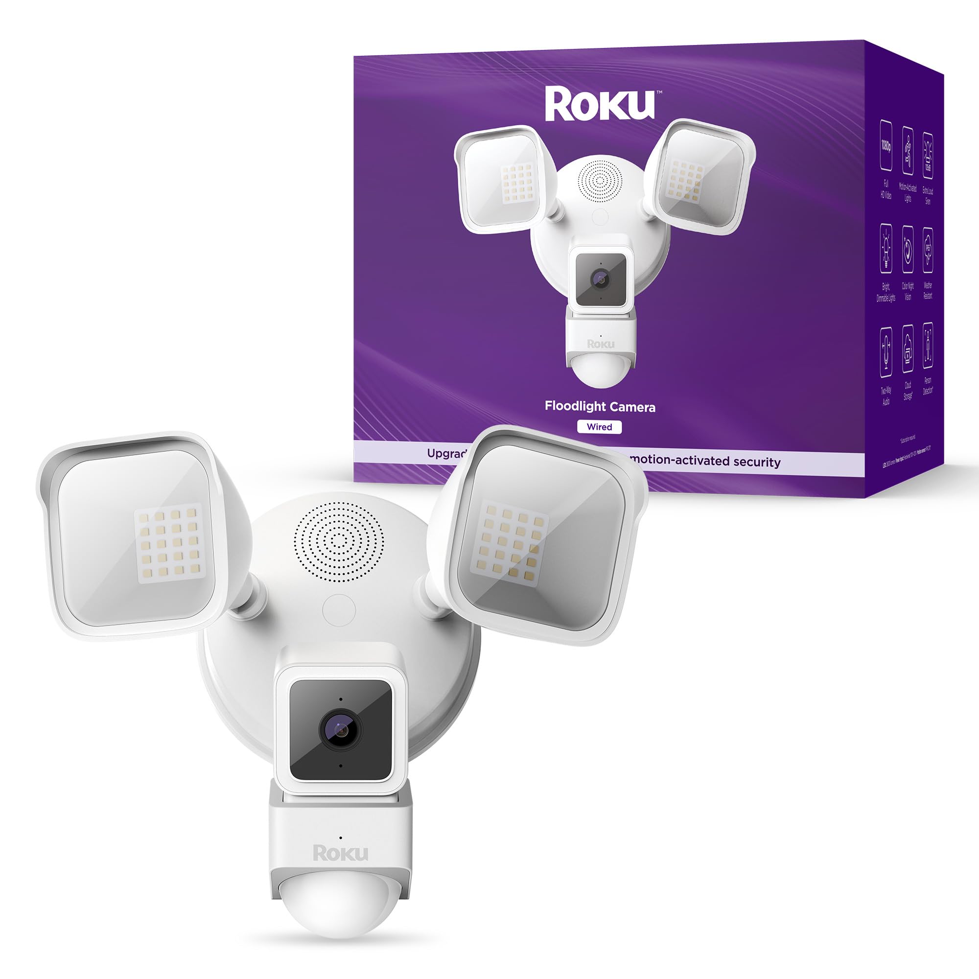 Roku Floodlight Camera - Wired Outdoor Security Camera with 270° View, 1080p HD Night Vision, Dimmable Floodlights, Motion & Sound Detection - Ideal for Home Security, Garage & Backyard Monitoring (90-Day Subscription Included)