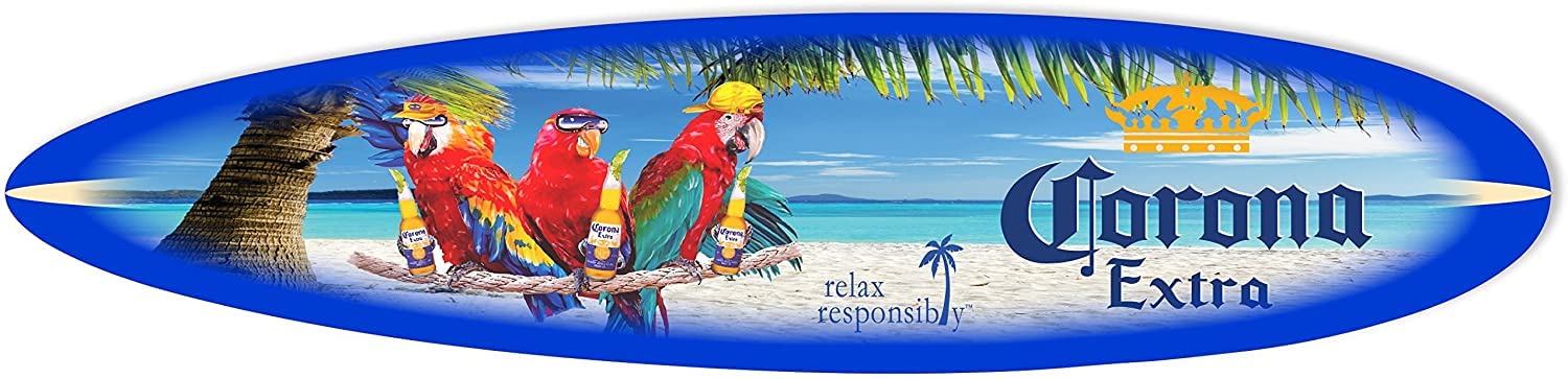 NUEK Corona Surfboard 46.5 Inch Beach Sign - Tropical Parrot Theme in Blue, Red & Yellow | Perfect for Coastal Home Decor, Surf Shop Wall Art & Backyard Tiki Bar