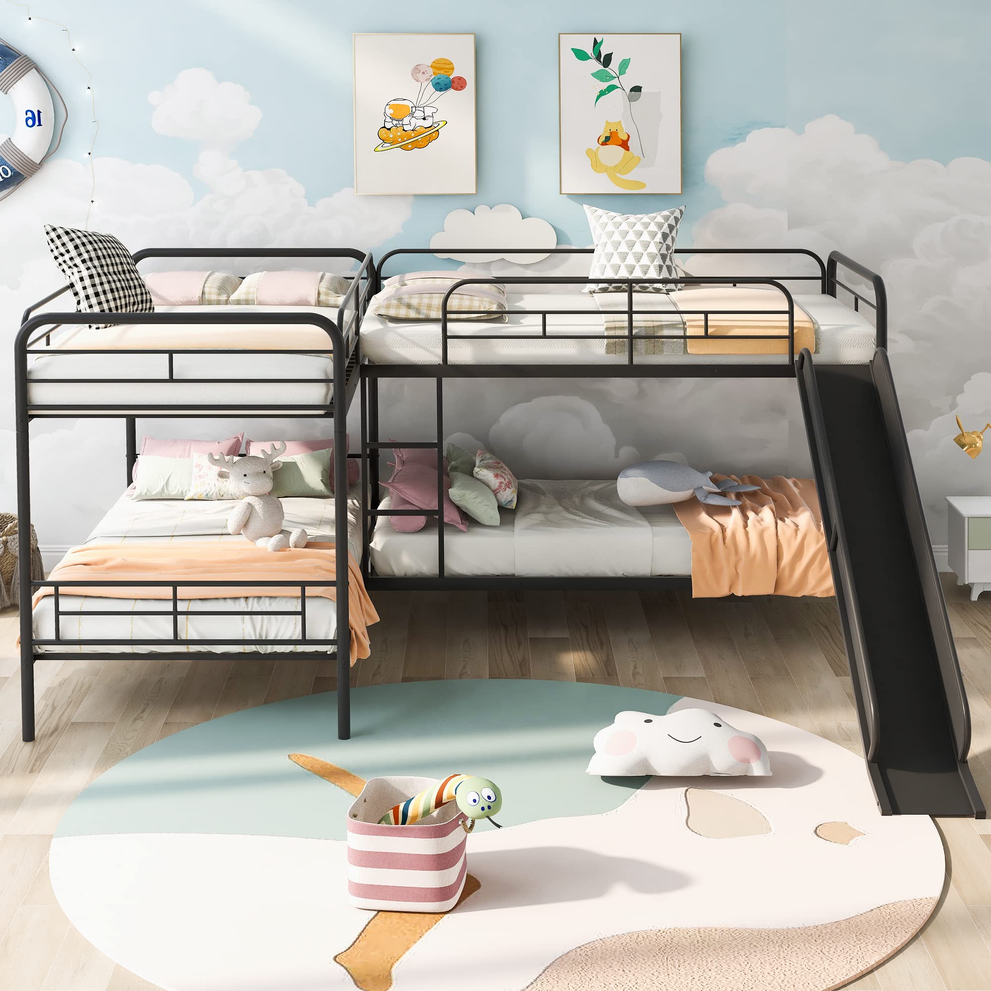 Harper & Bright Designs Twin Over Twin Bunk Bed with Slide - Metal Bunk Beds for Kids with Guardrail & Ladder - No Box Spring Needed - Black - Perfect for Kids' Bedrooms, Sleepovers & Space-Saving Solutions