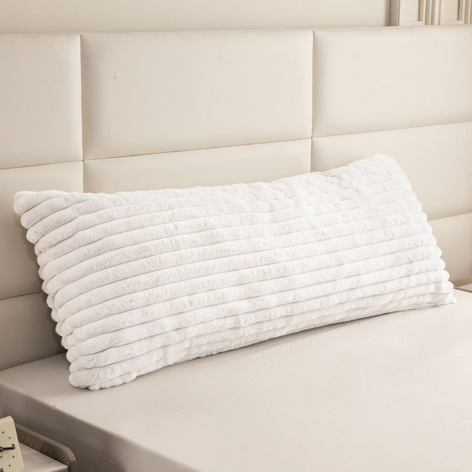 MAXYOYO Ultra Soft Striped Faux Fur Body Pillow for Adults - 20x54 Inch Long Hugging Pillow for Side Sleepers & Pregnancy Support (White) - Perfect for Bed, Couch & Home Comfort