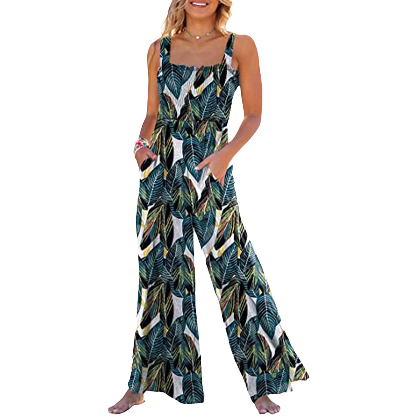 Women's Summer Wide Leg Jumpsuit - Smocked High Waist Casual Romper with Loose Fit - Perfect for Beach Vacations, Brunch Dates & Summer Parties