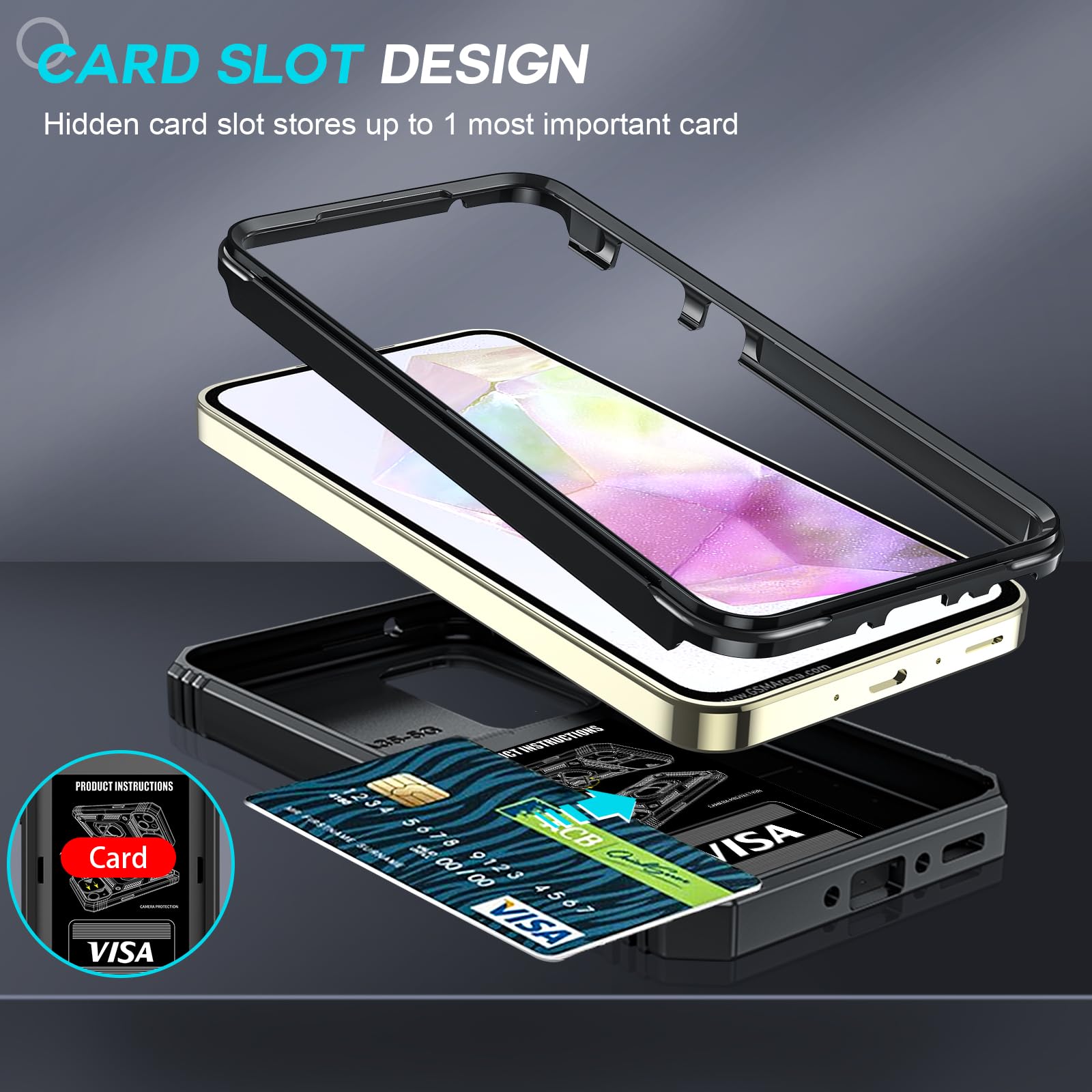 Shockproof Armor Case for Samsung Galaxy A35 5G with Camera Cover Slider & Ring Stand | 2-Pack Tempered Glass Screen Protectors Included | Full Body Protection for Work, Travel & Outdoor Activities (Black)