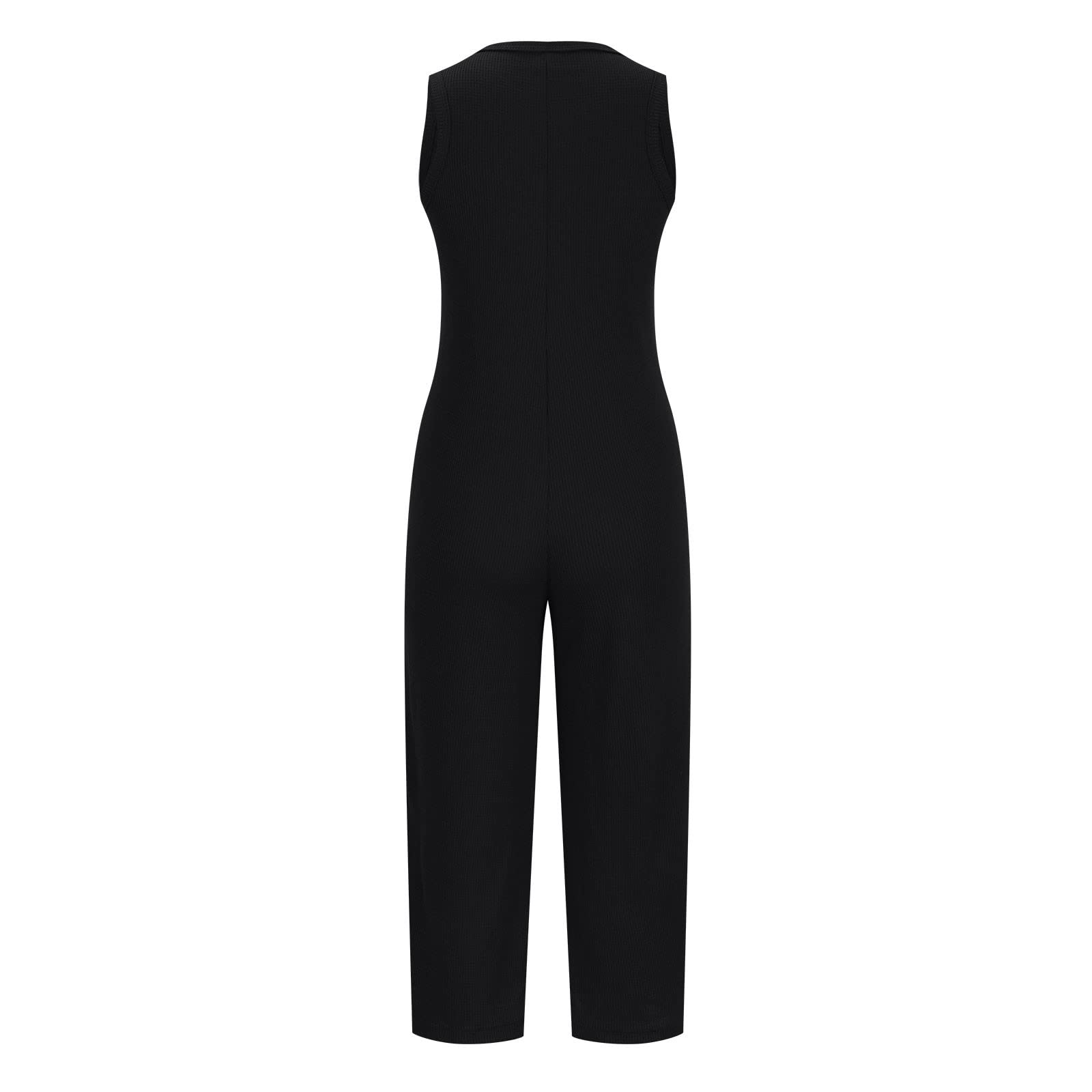 Women's Sleeveless Waffle Knit Jumpsuit Overalls - Summer Button Front Romper with Straight Leg Long Pants | Casual One-Piece Outfit for Beach, Picnic & Outdoor Activities