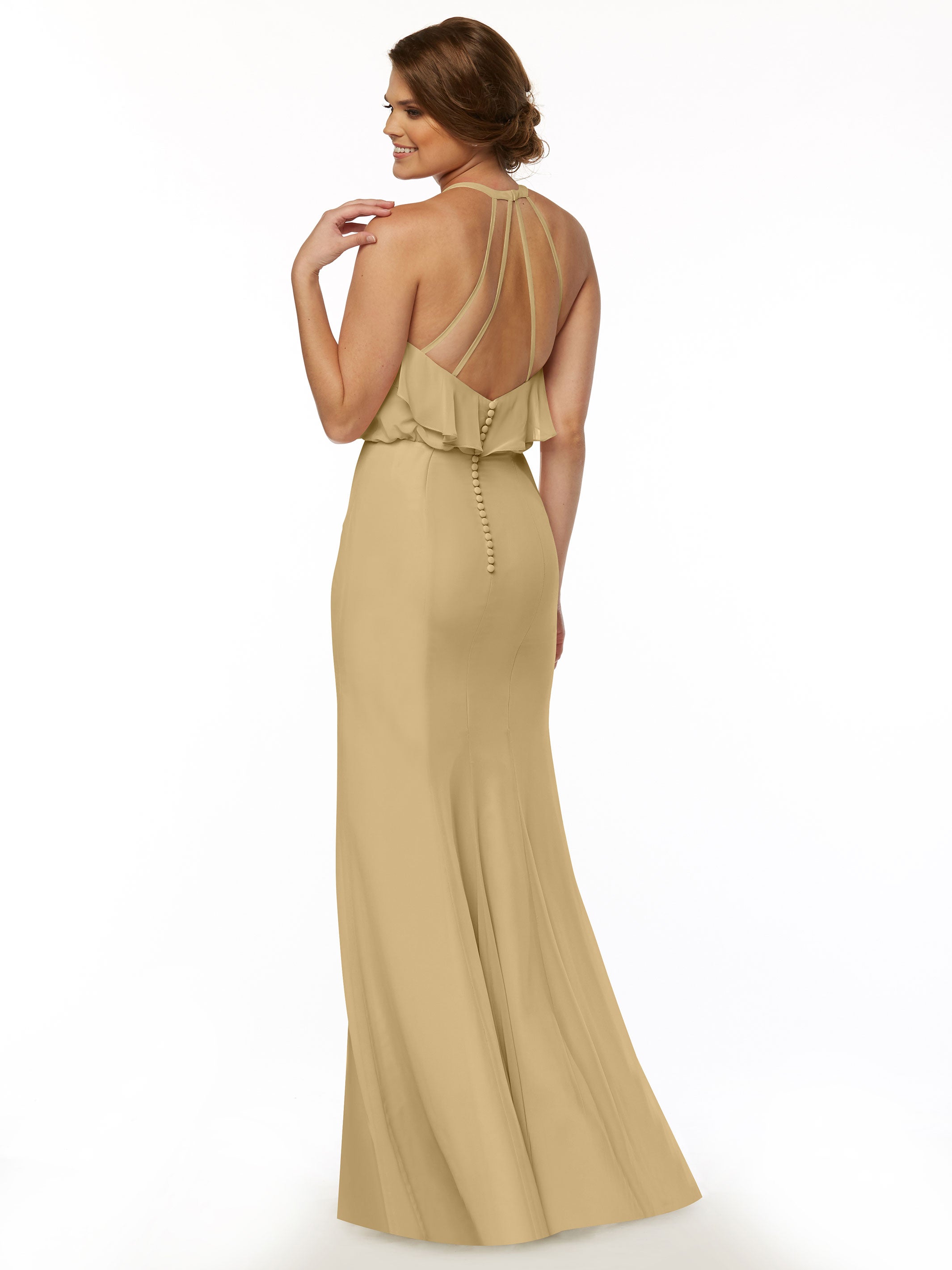 Elegant 80147 Fit and Flare Chiffon Bridesmaid Dress with Ruffled Neckline & Thigh Slit - Perfect for Weddings, Proms, and Formal Events