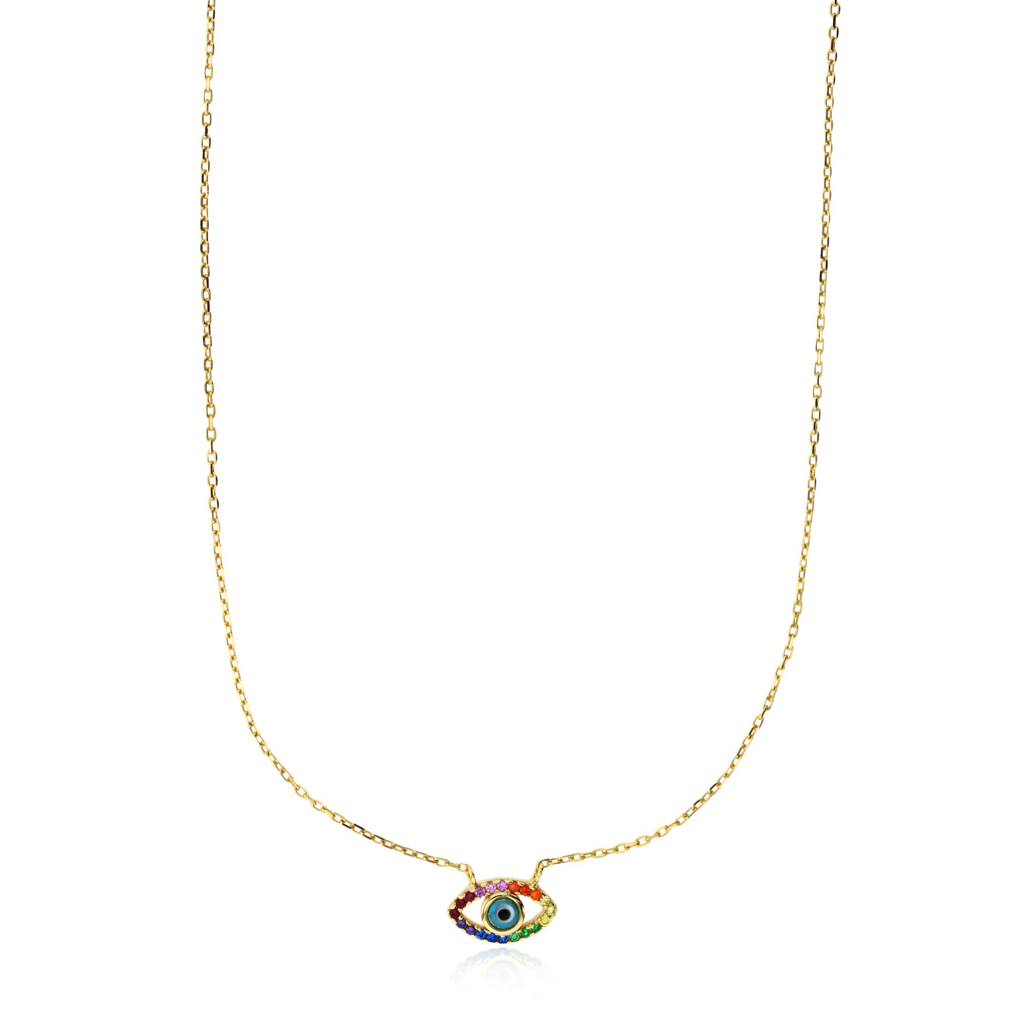 Sterling Silver Yellow Multi-Color Cubic Zirconia Evil Eye Necklace 16