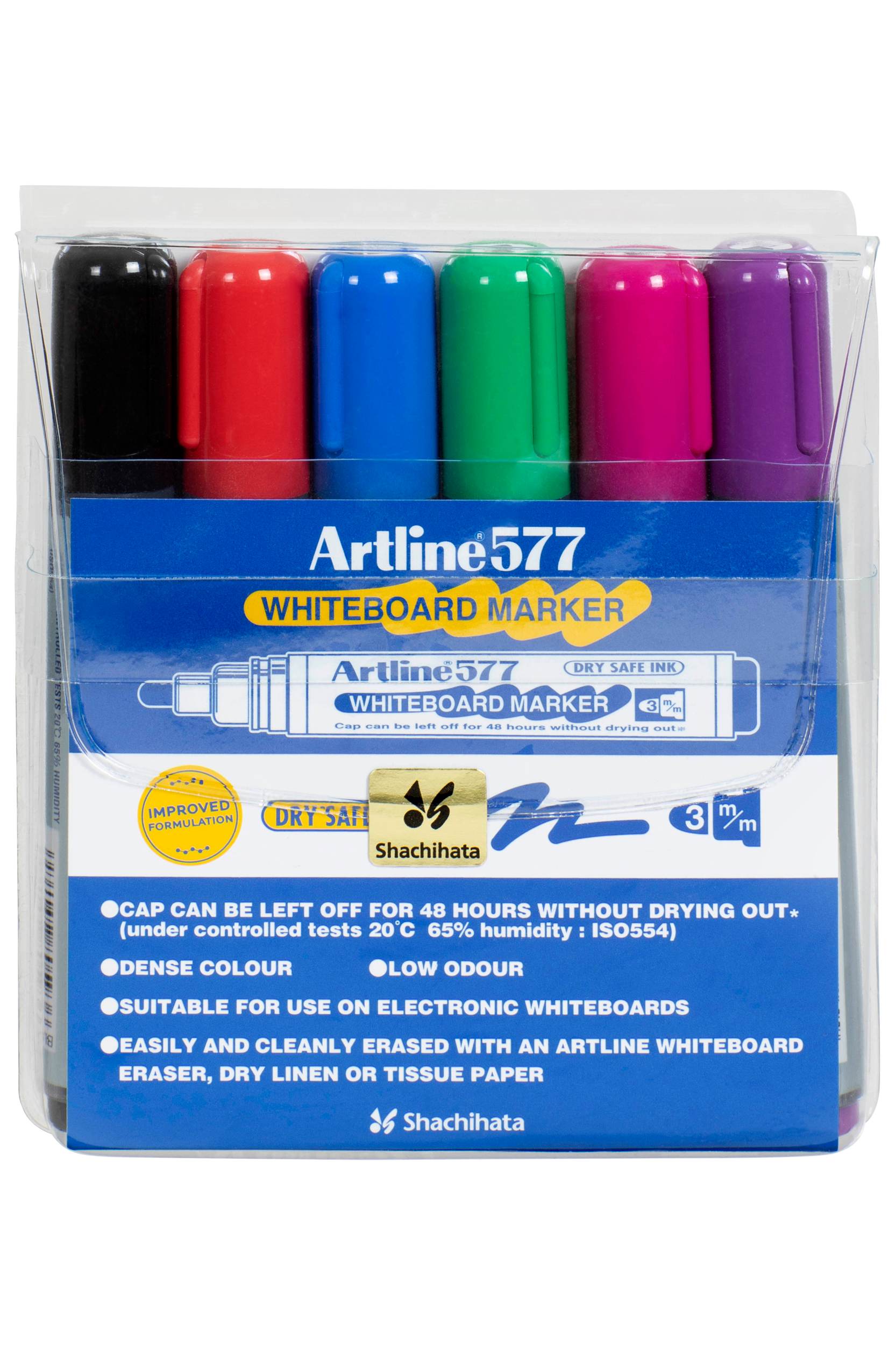 Artline 577 Whiteboard Markers - 6 Pack with 3mm Bullet Tip for Classroom, Office & Home Use - Dry Erase Markers for Whiteboards, Glass & Non-Porous Surfaces