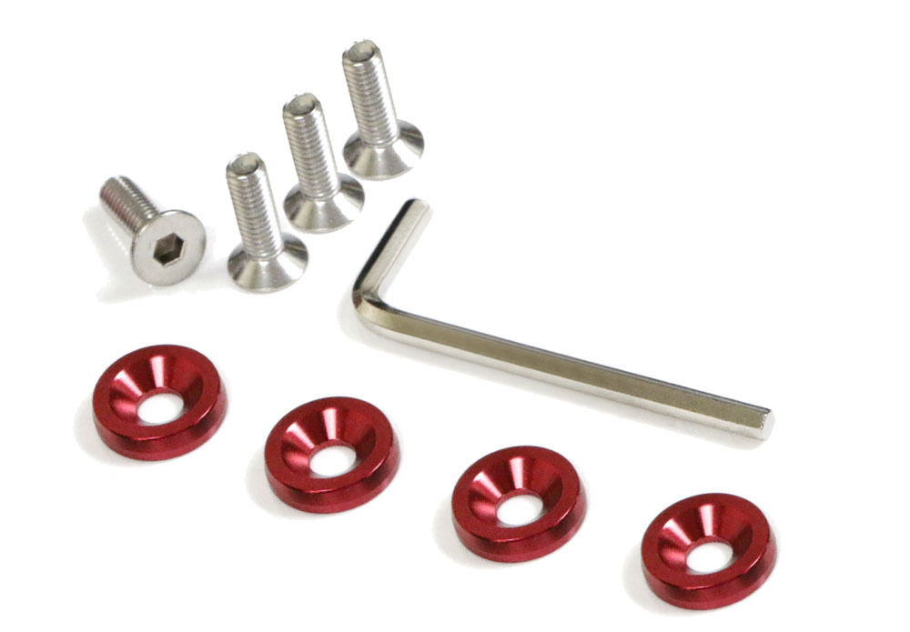 JDM Racing Style Red Aluminum Washers & Bolts Kit - Car Fender & Bumper Fastener Set (4-Piece) - Perfect for Automotive Upgrades, Custom Builds & Performance Modifications