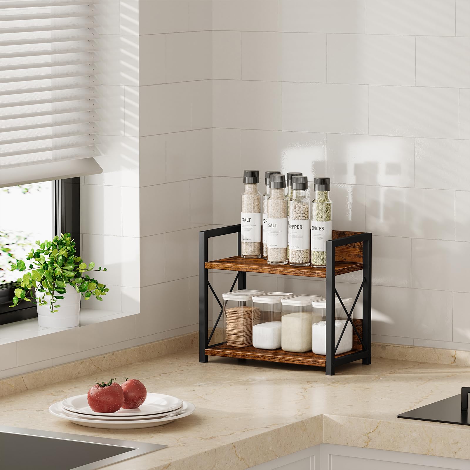 2-Tier Wooden Spice Rack Organizer for Kitchen Countertop - Rustic Brown Coffee Bar Shelf for Home - Perfect for Pantry, Coffee Station & Spice Storage Organization