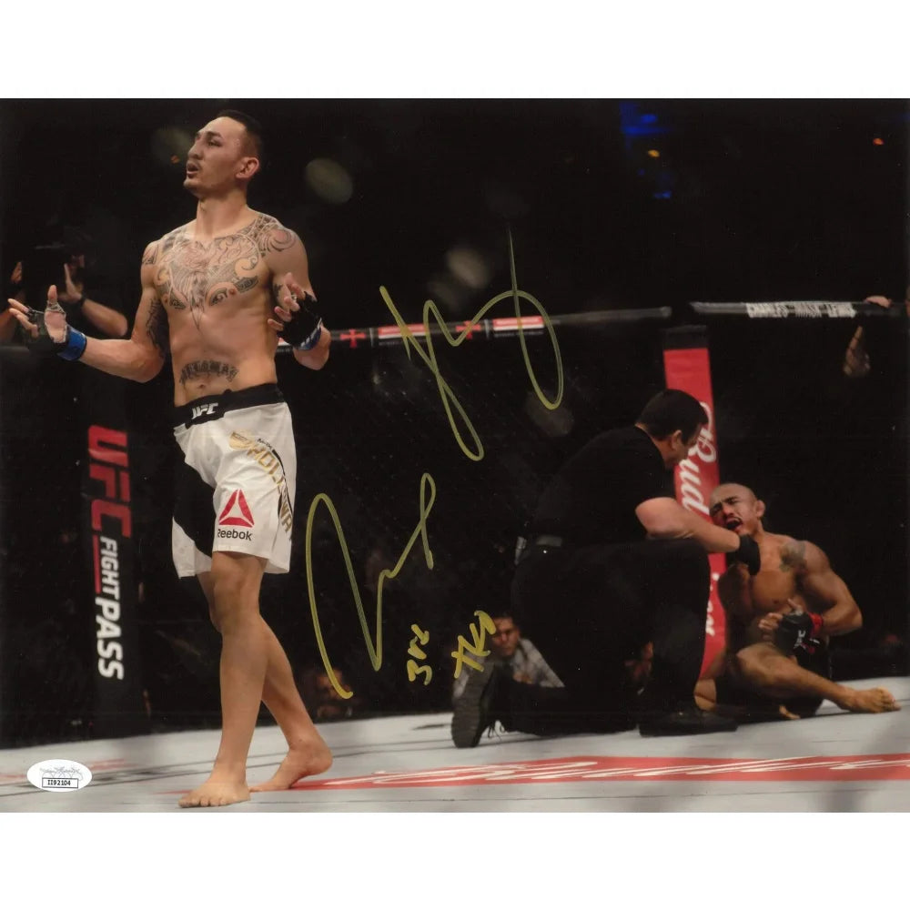 Max Holloway Signed UFC Photo - 3rd Round TKO Victory Over Jose Aldo - 11x14 Inches with JSA COA - Perfect for MMA Fans, Collectors, and Sports Memorabilia Displays