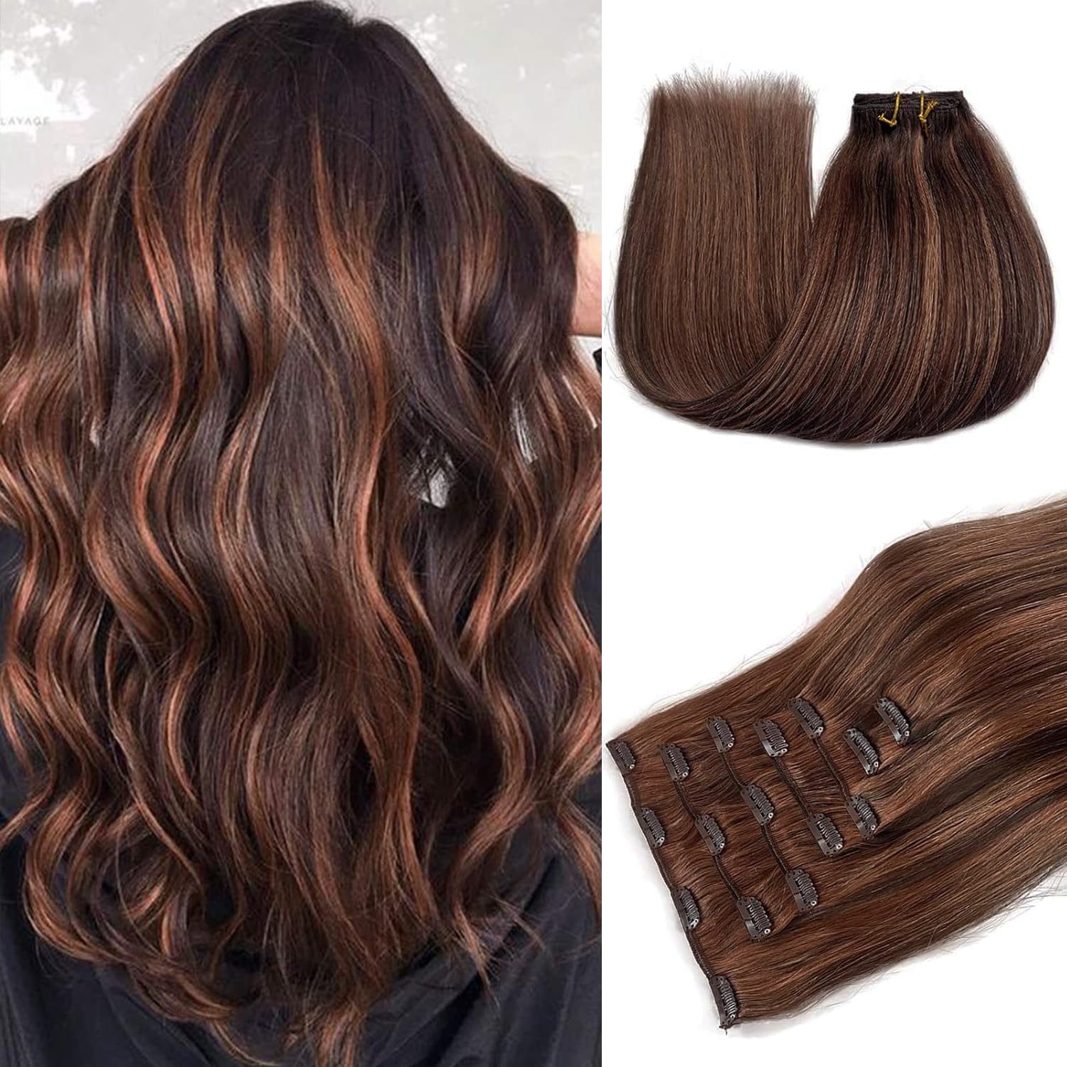 70g Clip-in Human Hair Extensions - Brown Balayage with Blonde Highlights, Double Weft Silky Straight Remy Hair (7Pcs, 18inch) for Volume & Length - Perfect for Parties, Weddings & Daily Styling