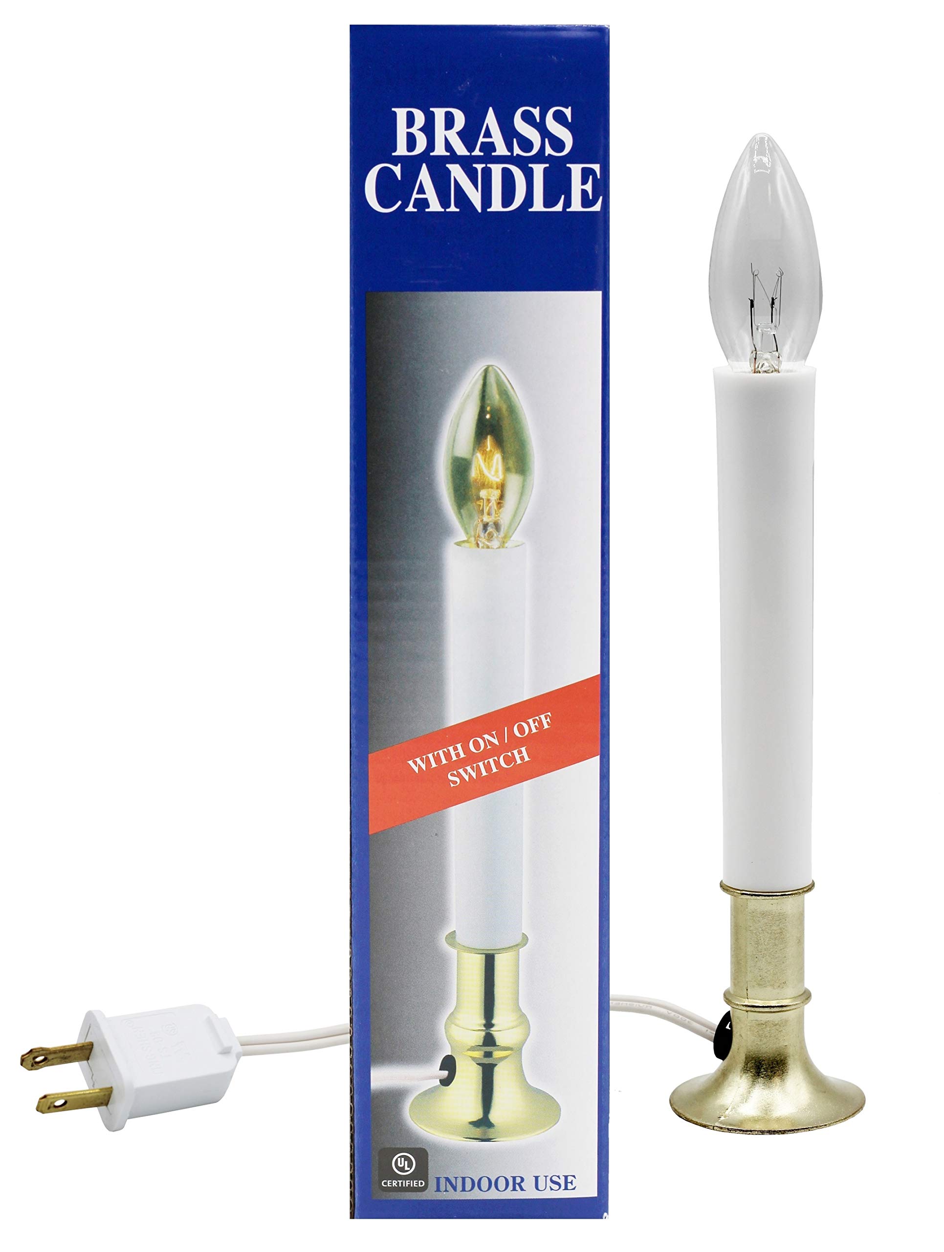 Creative Hobbies® Electric Window Candle Lamp - Brass Plated Base with On/Off Switch & Included Light Bulb - Ready to Use Holiday Decor for Christmas, Winter & Home Decoration
