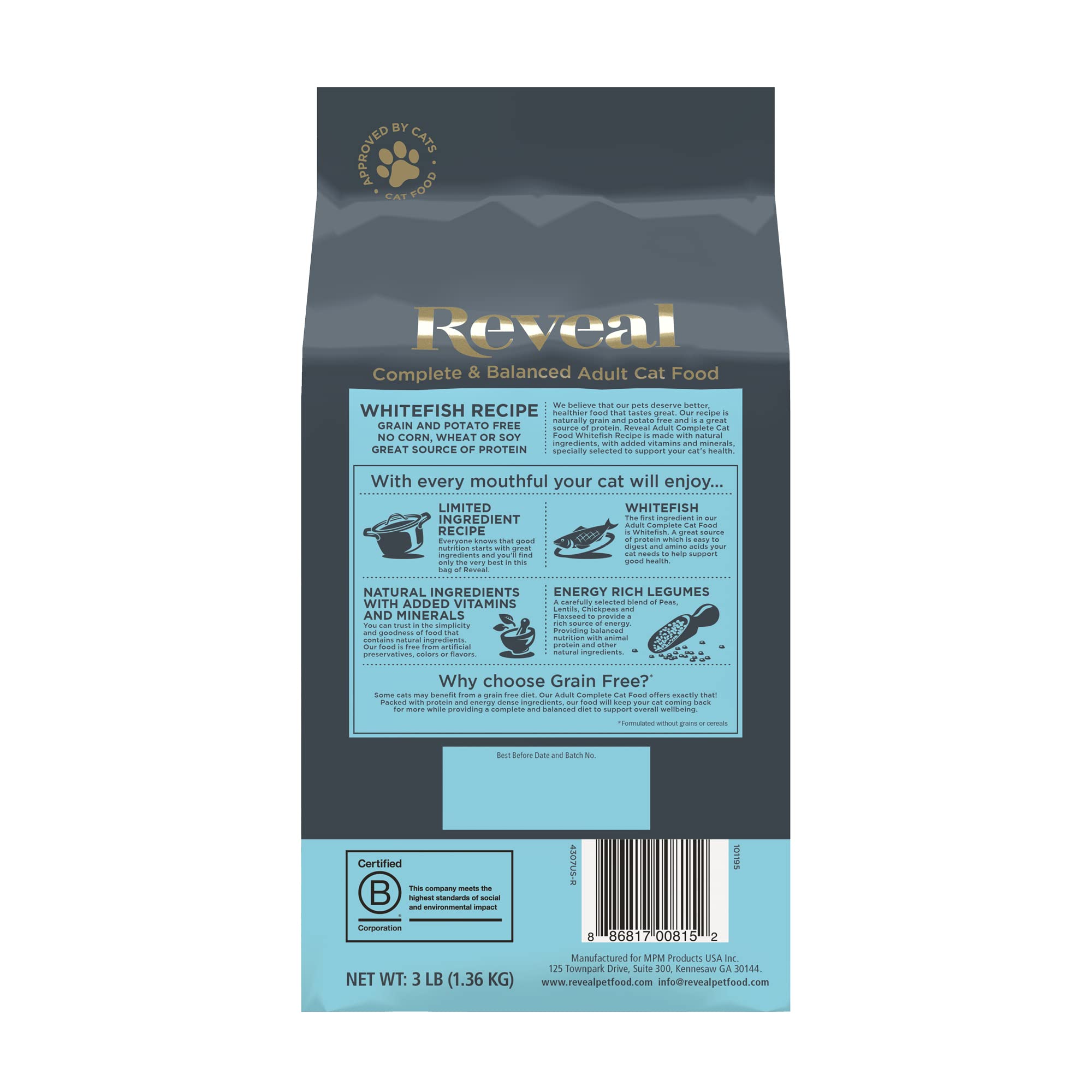 Reveal Natural Grain-Free Dry Cat Food with Whitefish - No Potatoes, Added Vitamins & Minerals - 3 lb Bag - Perfect for Adult Cats & Kittens with Sensitive Stomachs