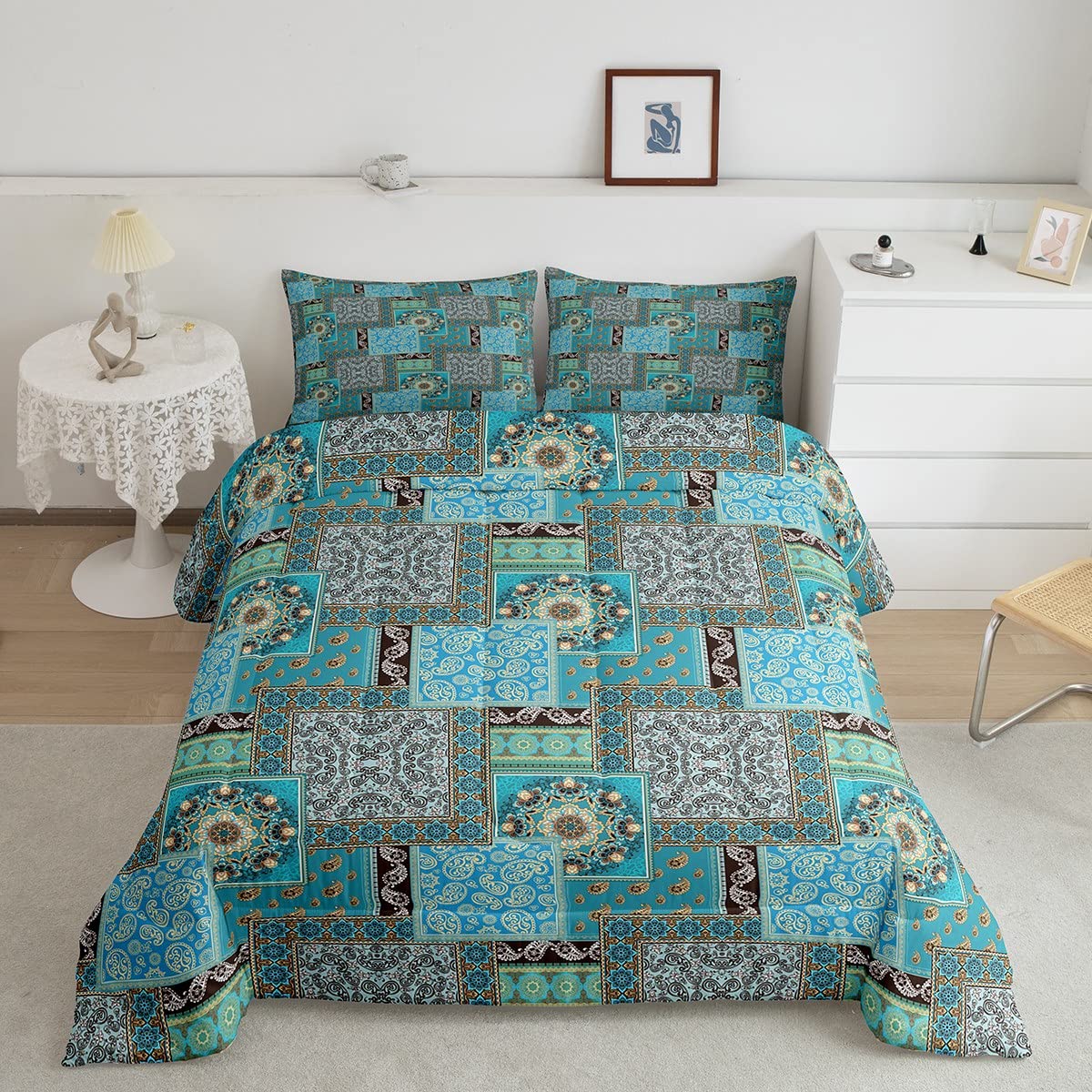 Bohemian Style Comforter Set - Blue Retro Floral King Size Bedding (3-Piece) with Abstract Geometric Design | Includes 1 Comforter & 2 Pillowcases | Perfect for Teens & Adults Bedroom Decor | Vintage Chic for Master Bedroom, Guest Room & Dorm