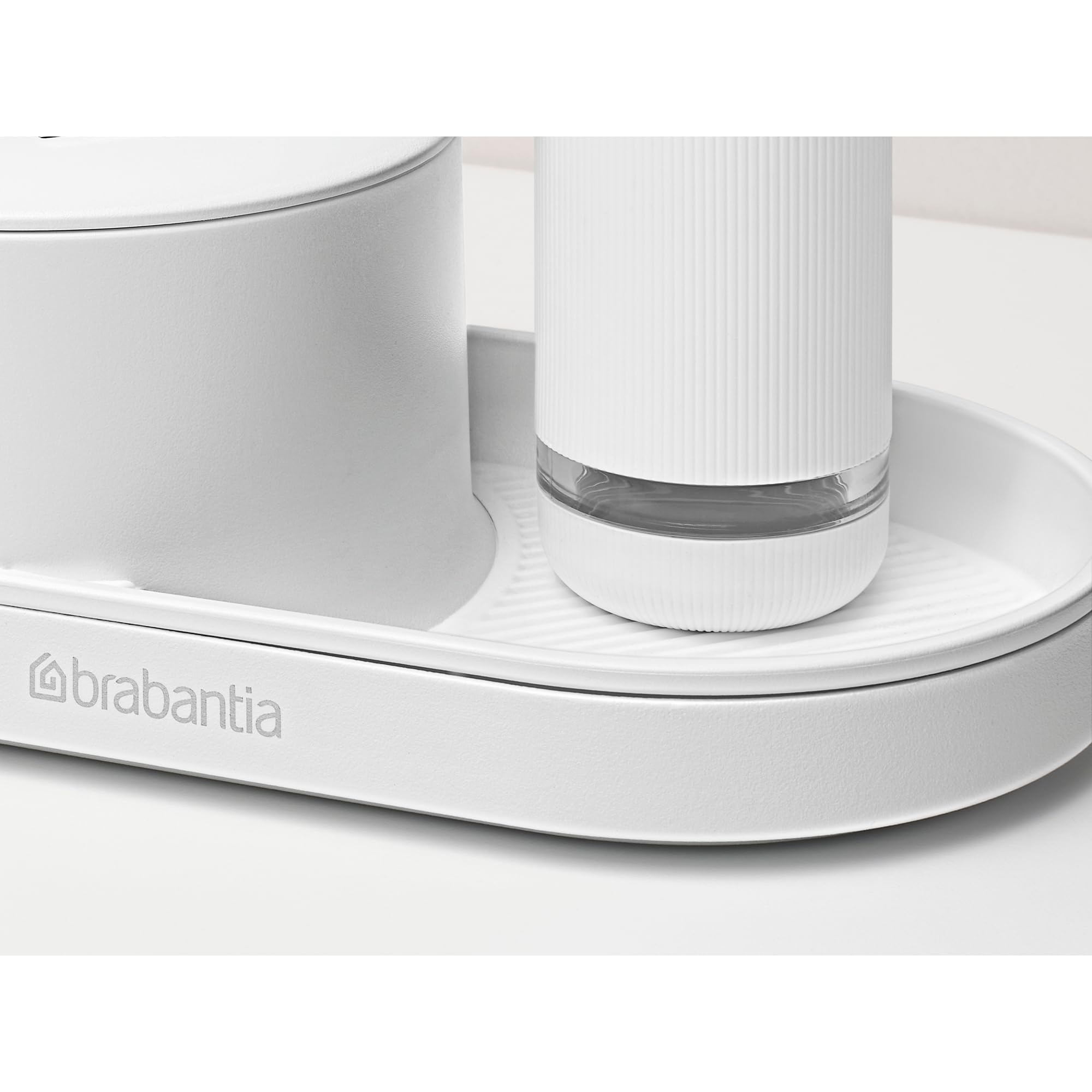 Brabantia 3-Piece Sink Organizer Set - Soap Dispenser, Soap Squeezer & Storage Tray - Compact Space-Saving Design with Drip Tray & Non-Slip Base - Mineral Fresh White - Perfect for Kitchen, Bathroom & Vanity Organization