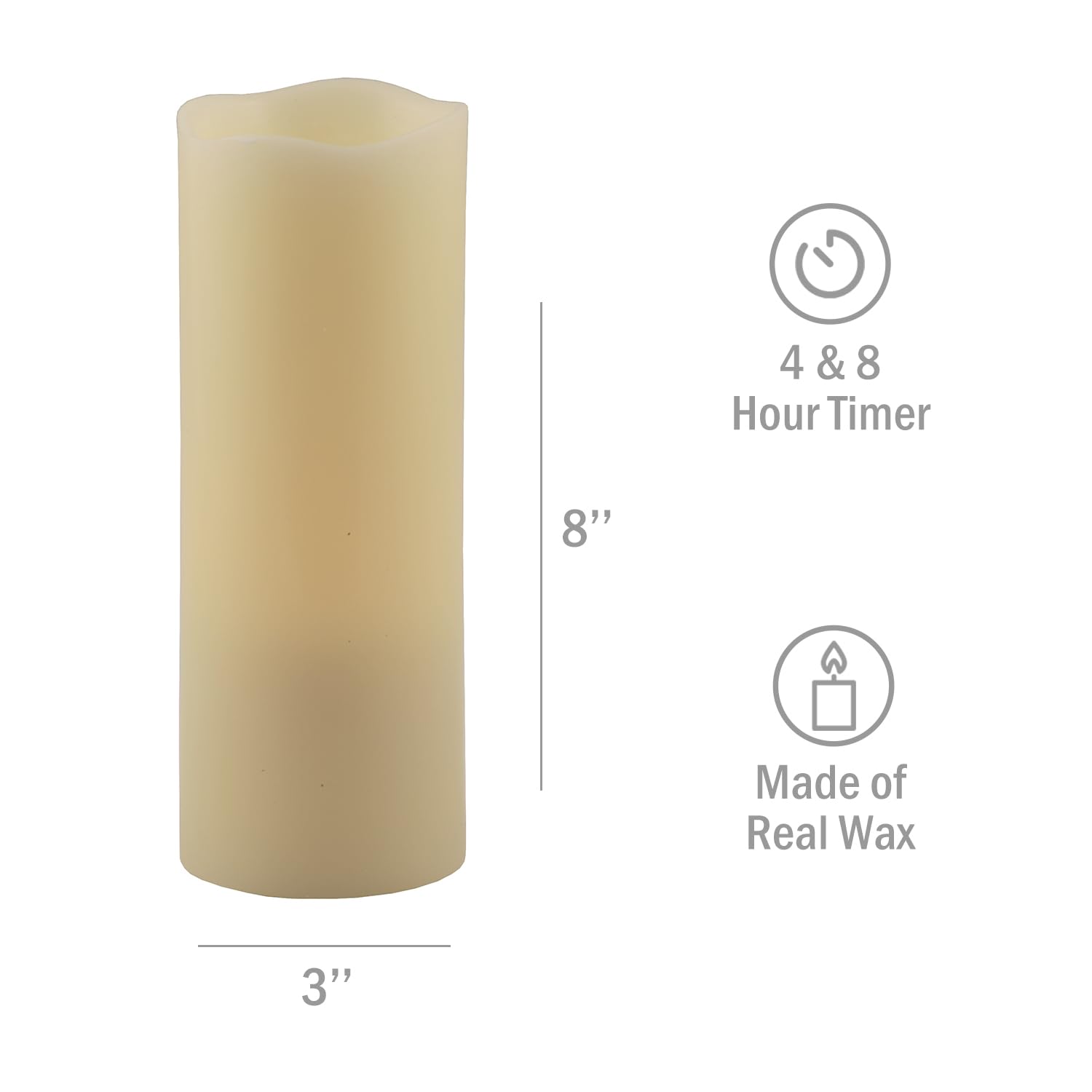 Realistic Ivory Flameless LED Pillar Candles - Battery Operated with Flickering Flame Effect, 4 & 8 Hour Timer, Melted Wax Look (3