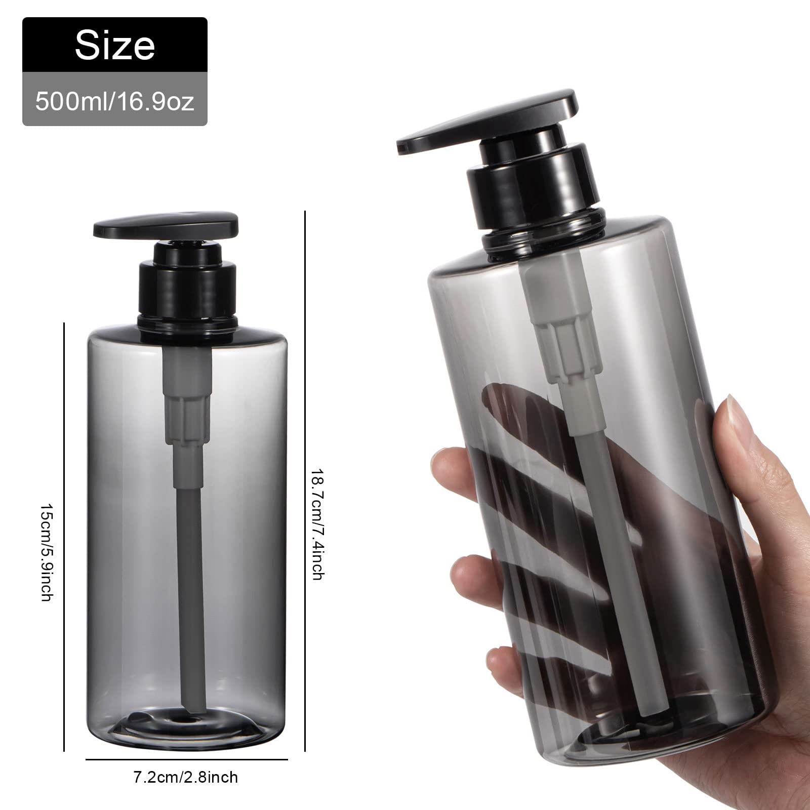 Yebeauty 2 Pack 17oz/500ml Refillable Pump Shampoo Bottles - Clear Grey Squeeze Lotion Dispenser for Shampoo, Conditioner & Body Wash | Perfect for Bathroom, Shower & Travel Use