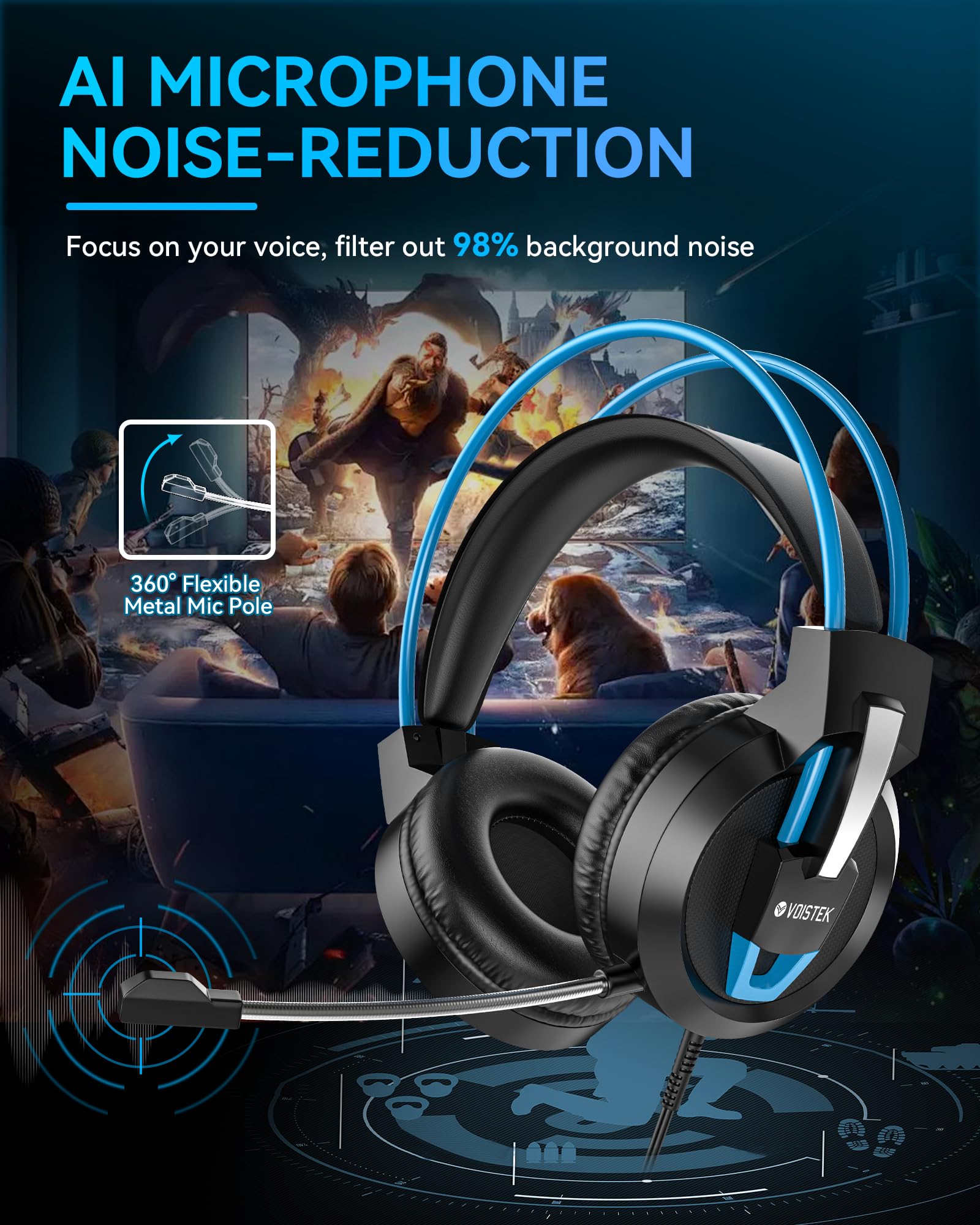 V9 Gaming Headset with Noise Cancelling Microphone - 50MM Dynamic Drivers, Clear Sound & Comfortable Soft Ear Cushions - Wired 3.5mm Headphones for PS5, PS4, Xbox, PC, Laptop - Adjustable Headband (Blue) - Perfect for Competitive Gaming, Streaming & Long Gaming Sessions