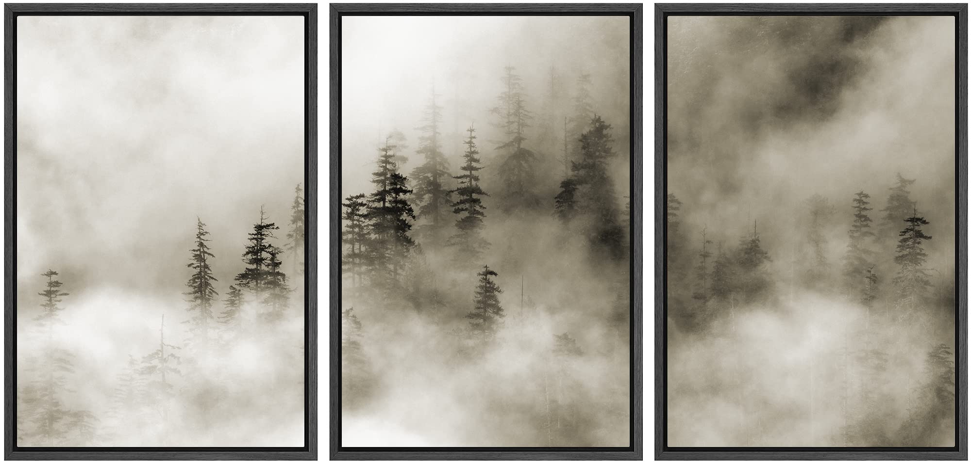 Winter Fog Over Pine Tree Forest Landscape Framed Canvas Wall Art - 24