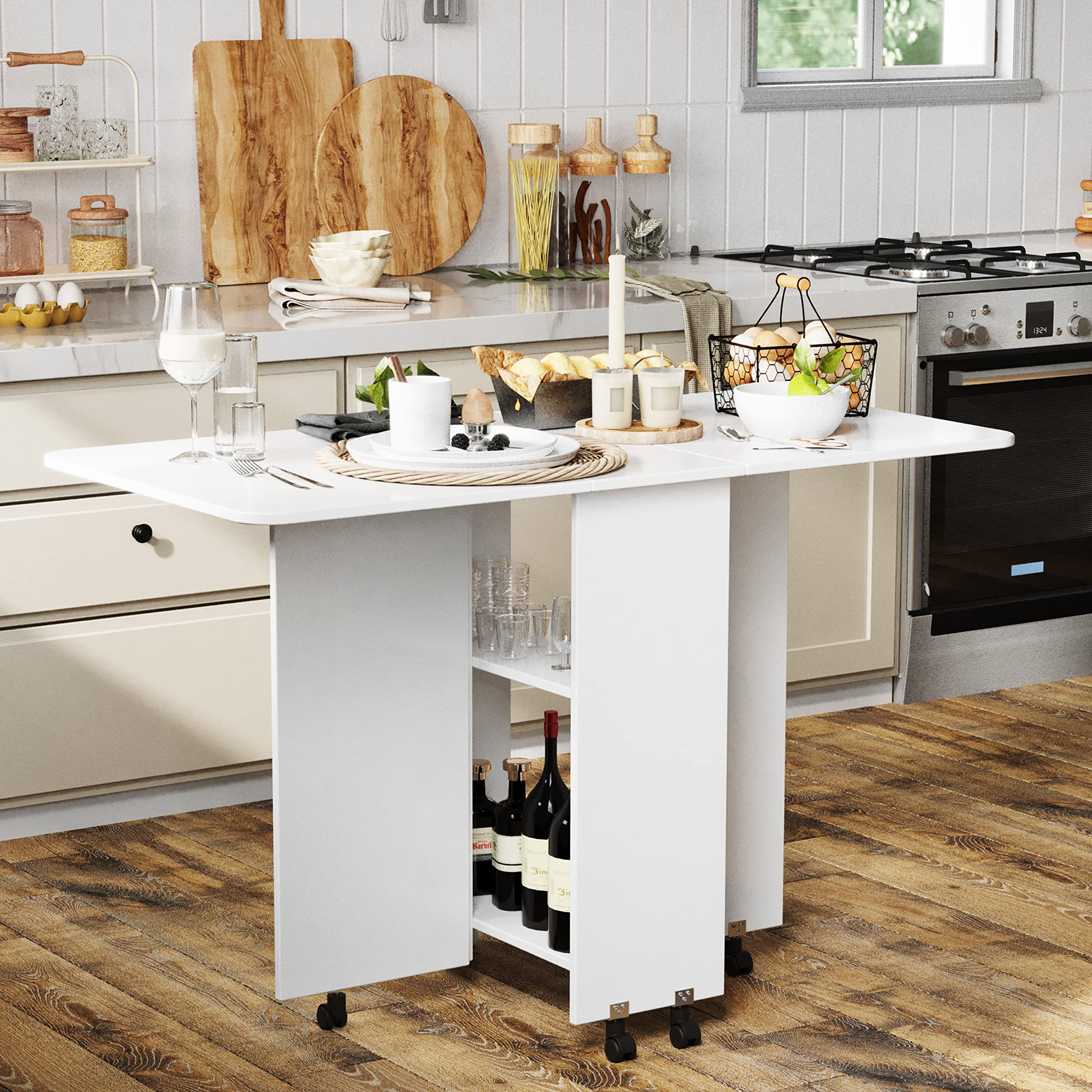 EazeHome Mobile Folding Dining Table with 6 Wheels & 2 Storage Racks - Space Saving Extendable Drop Leaf Kitchen Table for Small Apartments, Dorms, RV Living - White Compact Dining Room Table for Everyday Meals & Entertaining
