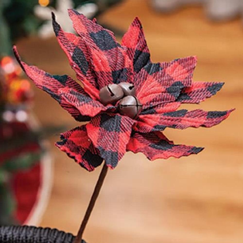 Buffalo Check Jingle Bell Poinsettia Christmas Stem - 7 Inch Festive Holiday Decor for Wreaths, Garlands & Centerpieces