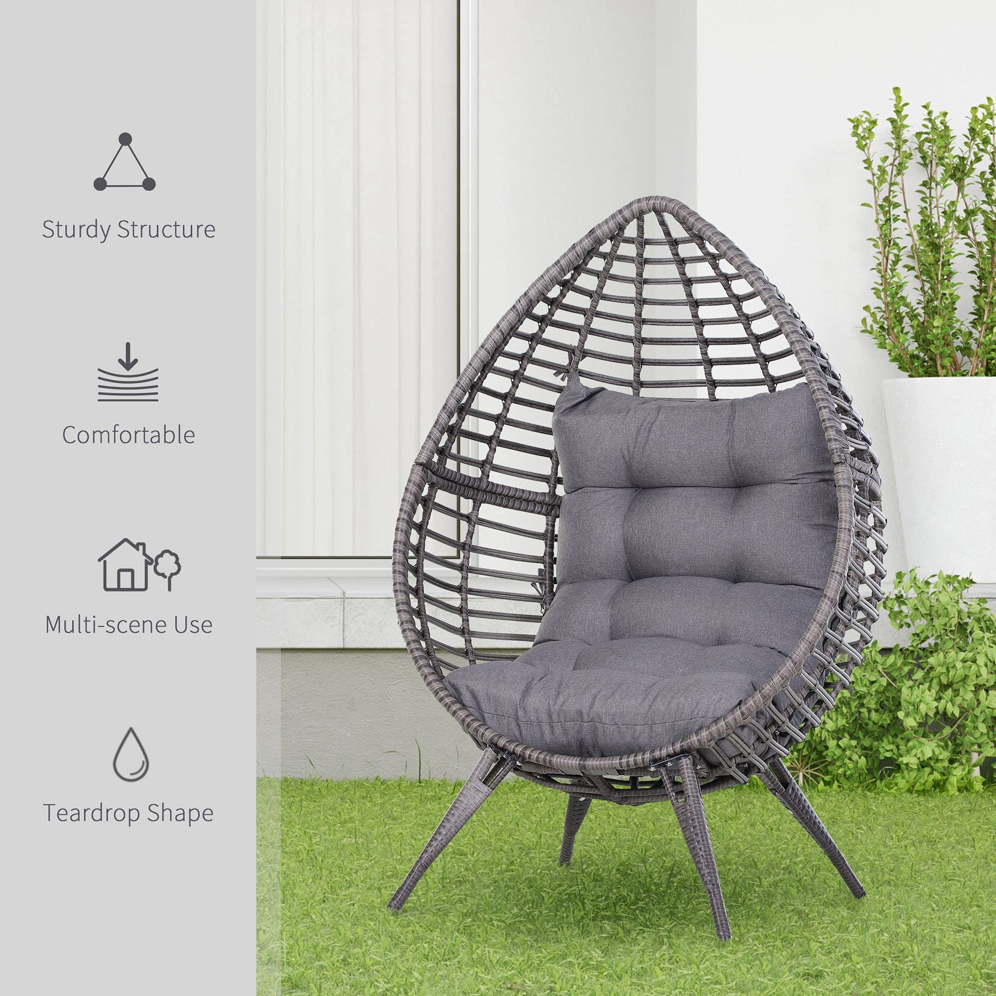 Outsunny Gray PE Wicker Egg Chair with Soft Cushion - Adjustable Height Teardrop Patio Chair for Indoor/Outdoor Use - Perfect for Porch, Garden, or Balcony Relaxation