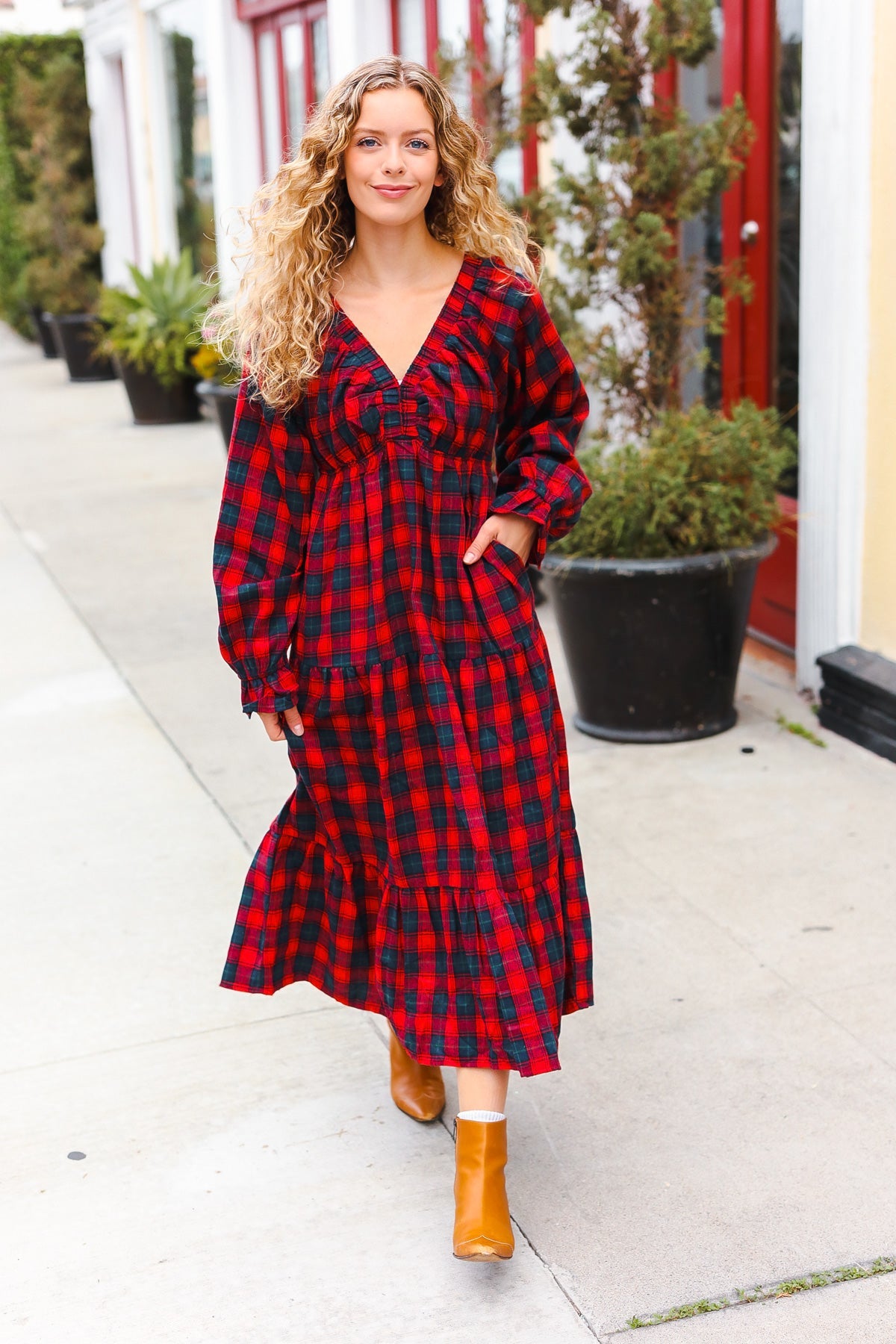 Stylish Red Plaid Elastic V-Neck Tiered Maxi Dress for Women | Flowy Long Summer Dress | Perfect for Beach, Vacation & Casual Outings
