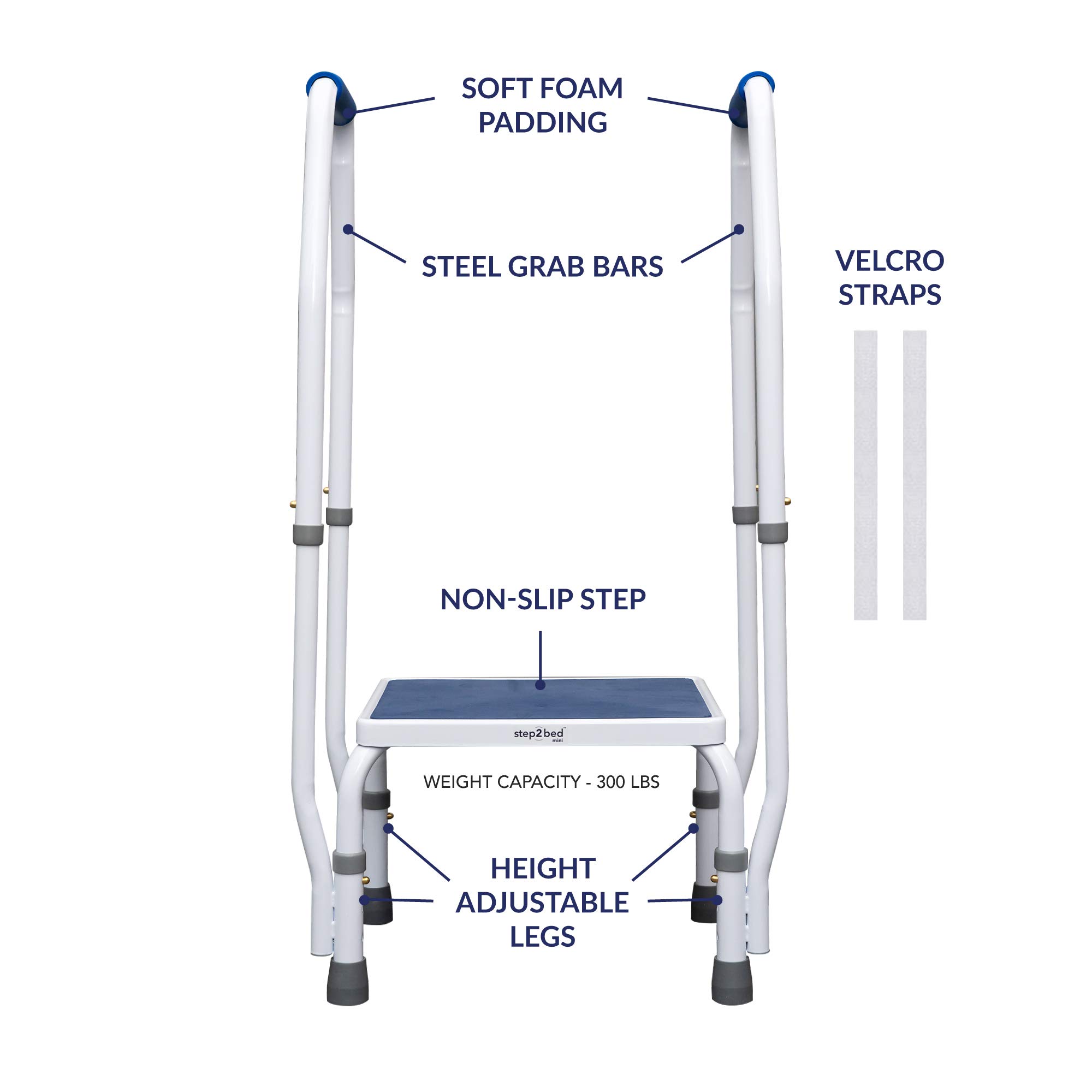 Step2Bed Adjustable Height Mini Step Stool with Handle - Portable Safety Step Stool for Elderly & Seniors with 300 lbs Capacity - Stainless Steel Bedside Assist Rail for Handicap & Mobility Support - Perfect for Bed Access, Bathroom Safety & Home Accessibility Needs