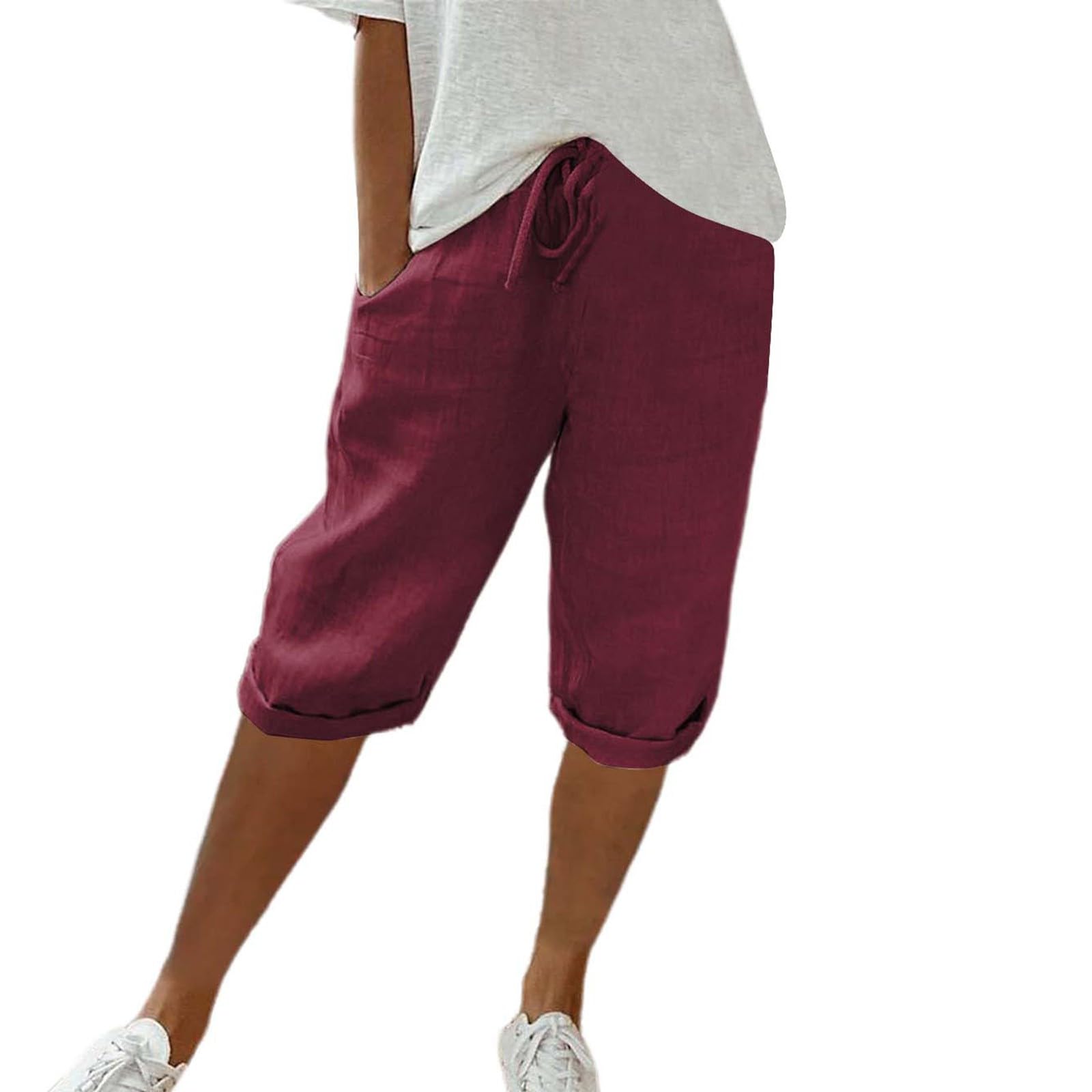 aihihe Women's Cotton Linen Bermuda Shorts - Summer Casual Loose Fit Rolled Hem Drawstring Shorts with Pockets | Trendy & Comfortable for Beach, Travel, and Everyday Wear