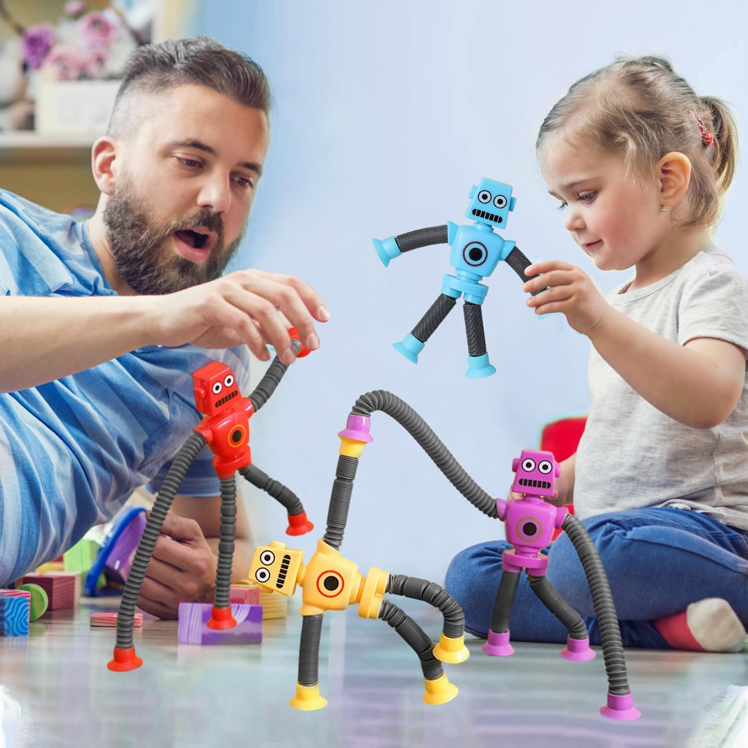 **4PCS Telescopic Suction Cup Robot Pop Tubes Fidget Toys – Sensory Toys for Toddlers, Autism & ADHD Relief – Fun Stress Relief for Kids, Boys & Girls – Perfect for Home, School & Travel Play**