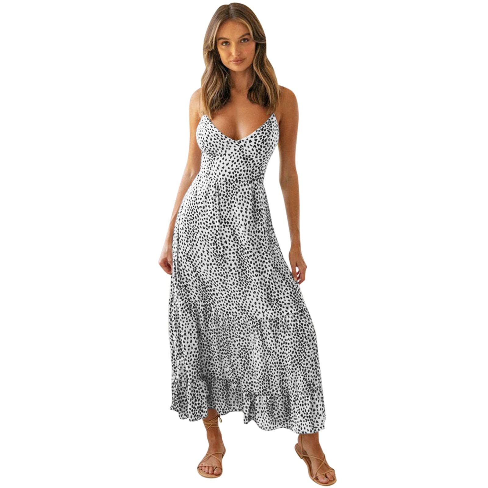Women's Long Sleeve V-Neck Casual Dress - Leopard Print Summer Maxi Dress with Side Slits | Perfect for Beach Vacations, Date Nights & Summer Parties