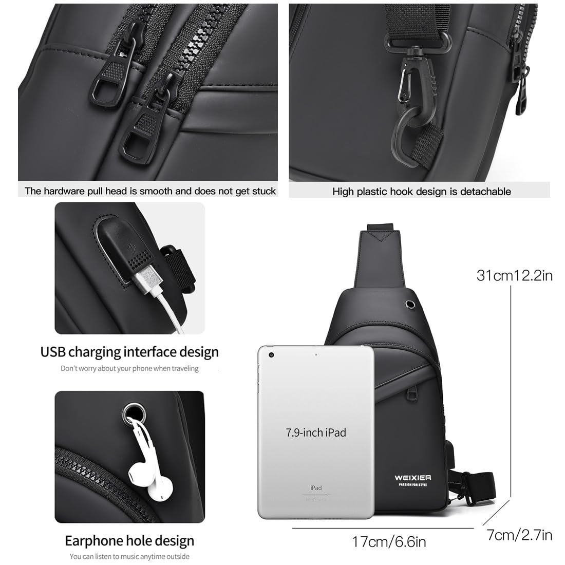 Waterproof Sling Bag for Men with USB Charging Port & Headphone Hole - Lightweight Crossbody Shoulder Backpack for Outdoor, Travel, Hiking & Daily Use