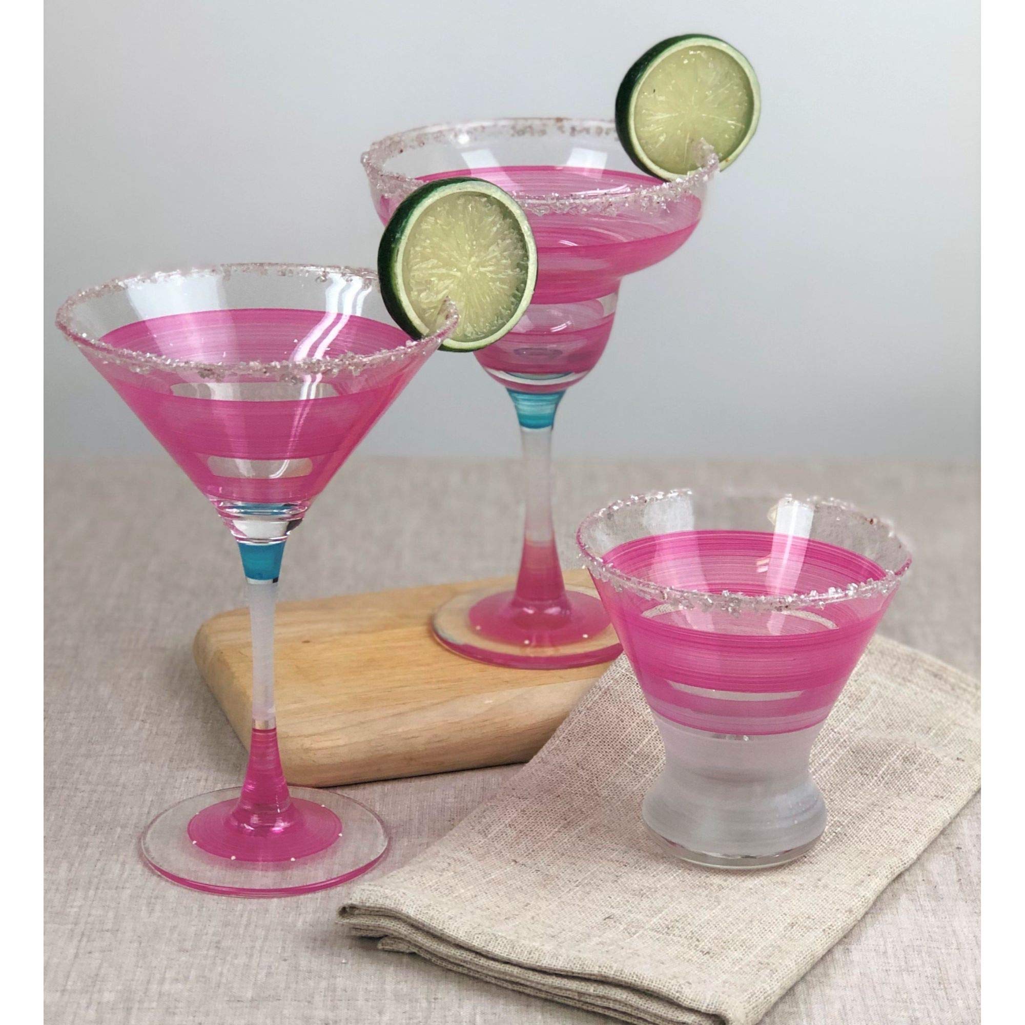 Vintage Pink Striped Hand-Painted Martini Glasses Set of 2 - 7.5 oz Cocktail Cups for Home Bar, Dinner Parties & Retro-Themed Events