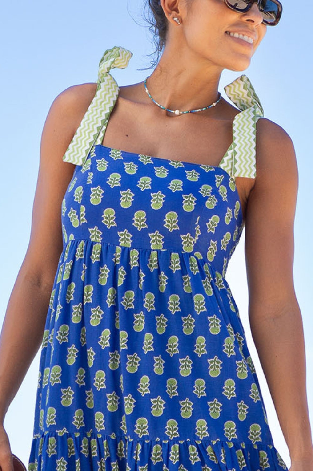 Tabitha Printed Organic Cotton Dress | Odisha Print Blue/Green | Women's Boho Summer Dress for Beach, Vacation & Casual Wear