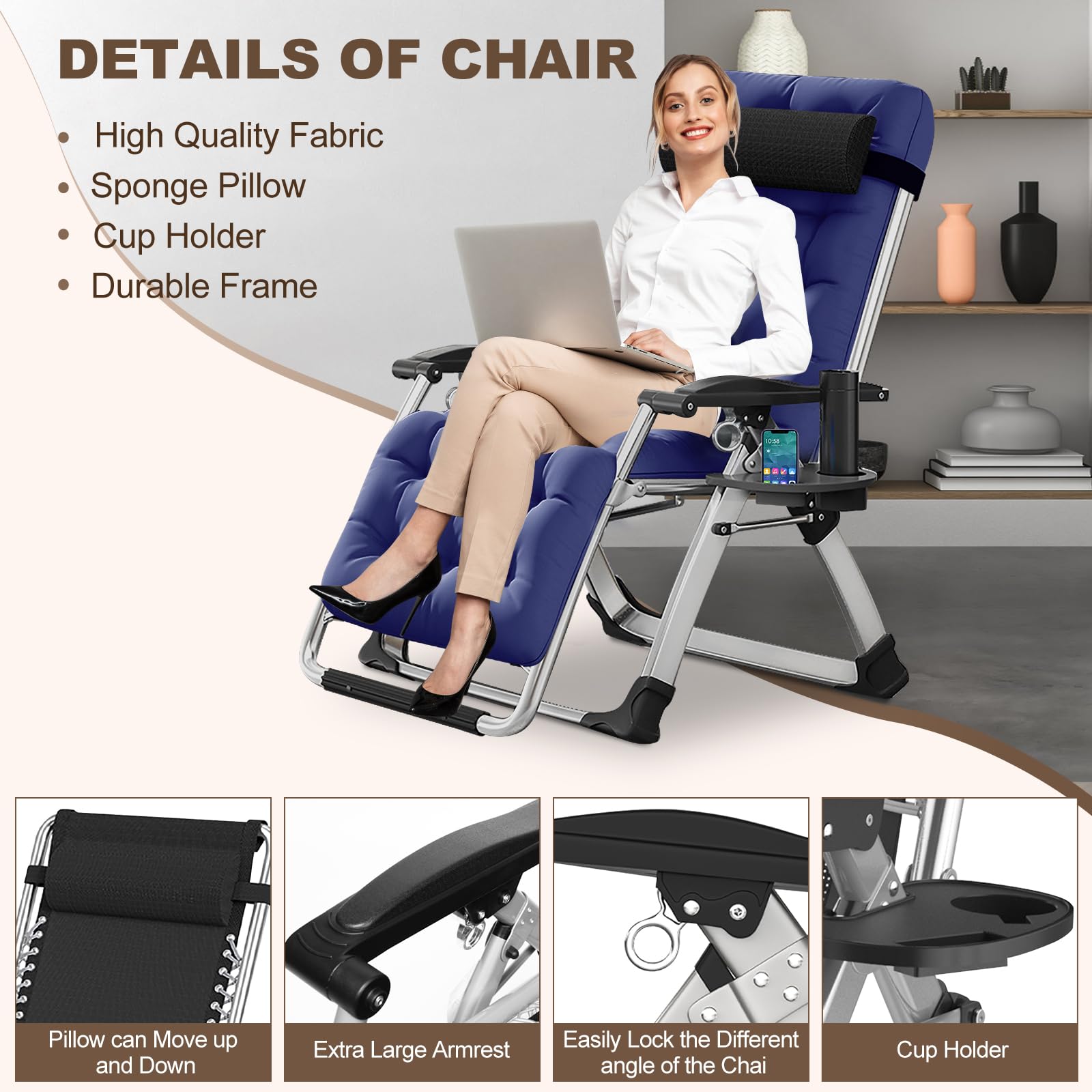 DoCred Comfortable Folding Recliner Chair with Removable Cushion - Indoor Outdoor Lounge Chair for Bedroom, Living Room & Patio - Perfect for Relaxing, Reading & Sunbathing