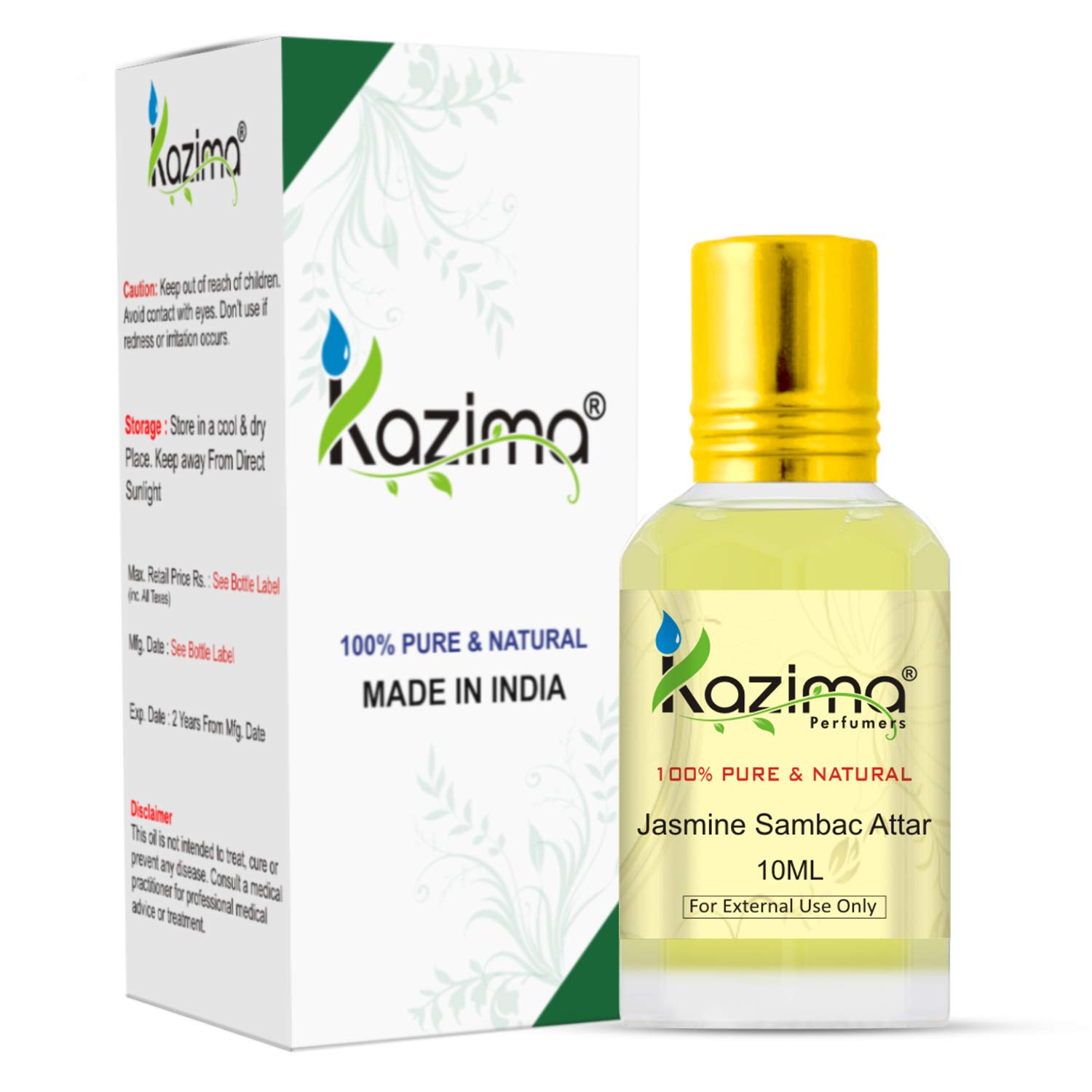 KAZIMA Pure Natural Jasmine Sambac Attar Perfume Oil - Undiluted 10ml for Aromatherapy, Meditation & Spiritual Practices