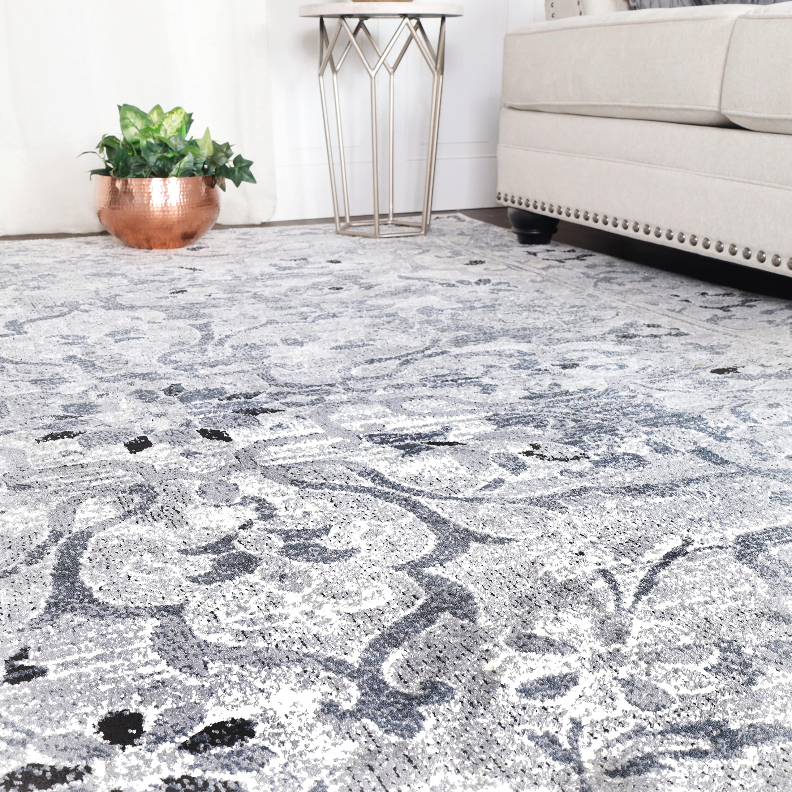 Premium Large Indoor Area Rugs with Natural Jute Backing - Modern Distressed Floral Design - 8' x 10' Platinum - Perfect for Living Room, Bedroom, Dining Area & Office Decor - Caine Collection - Soft & Durable Home Floor Covering for Family Gatherings and Relaxation
