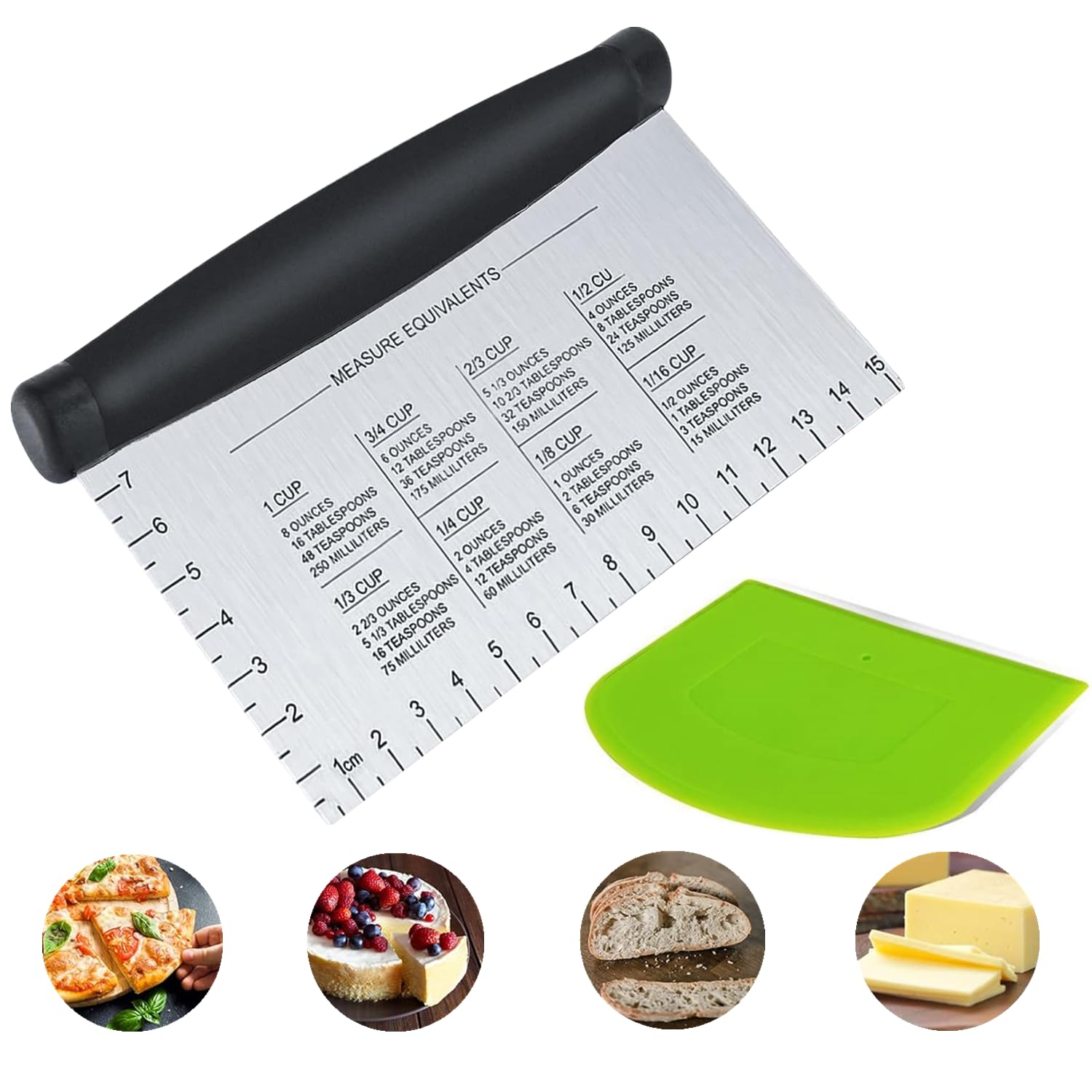 Stainless Steel Dough Scraper Set (2-Piece) with Ergonomic Handle & Measuring Scale - Professional Bench Scraper & Pizza Cutter for Baking, Bread Making & Pastry Prep - Ideal for Home Bakers & Commercial Kitchens
