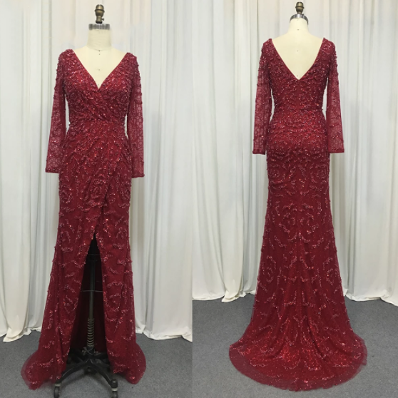 Elegant V-Neck Mermaid Evening Dress with Pearls & Beading - Long Sleeve Luxury Formal Gown for Women | Wedding, Party, Prom & Special Occasions