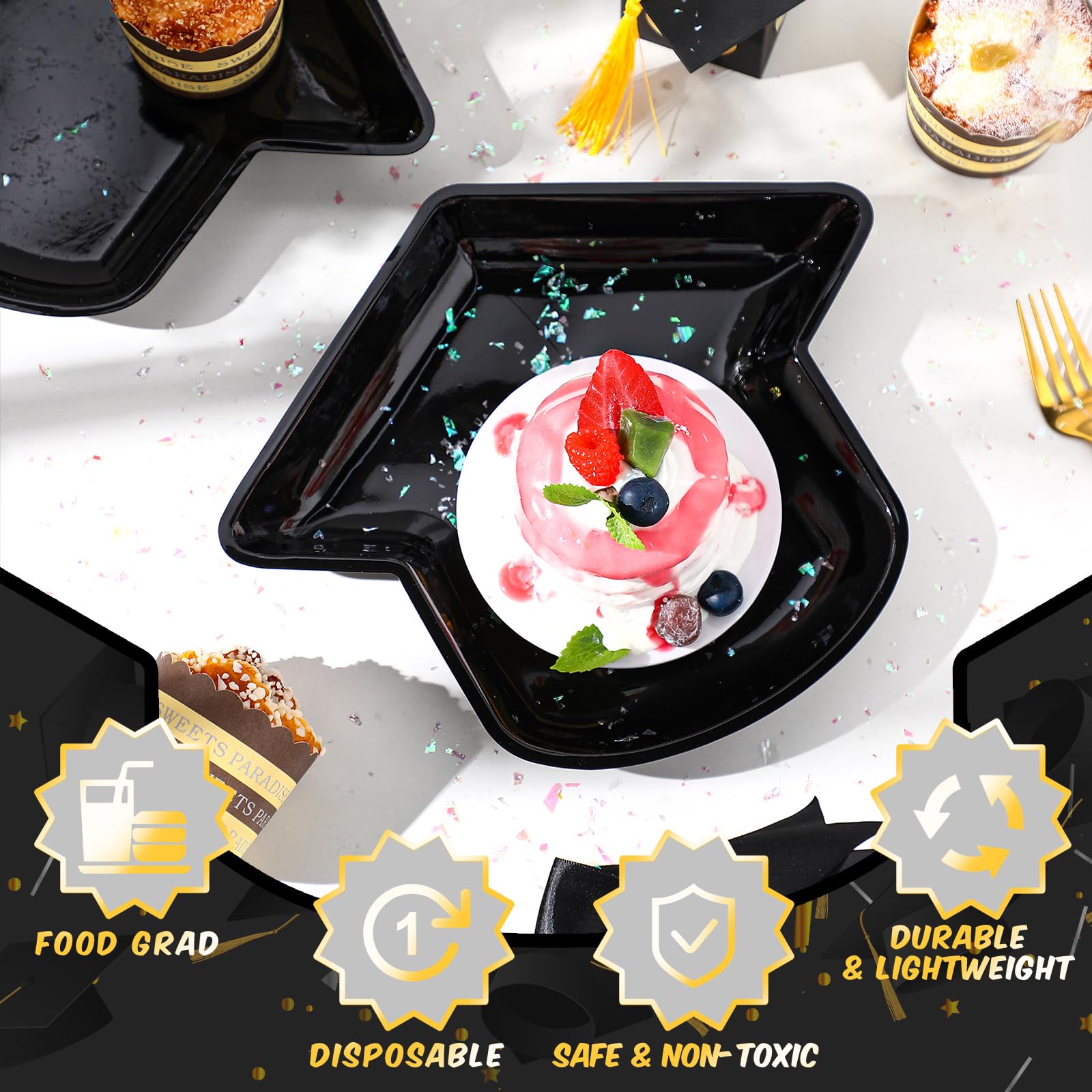 24-Pack Graduation Party Plates - Black Grad Hat Shaped Disposable Plates (11.6