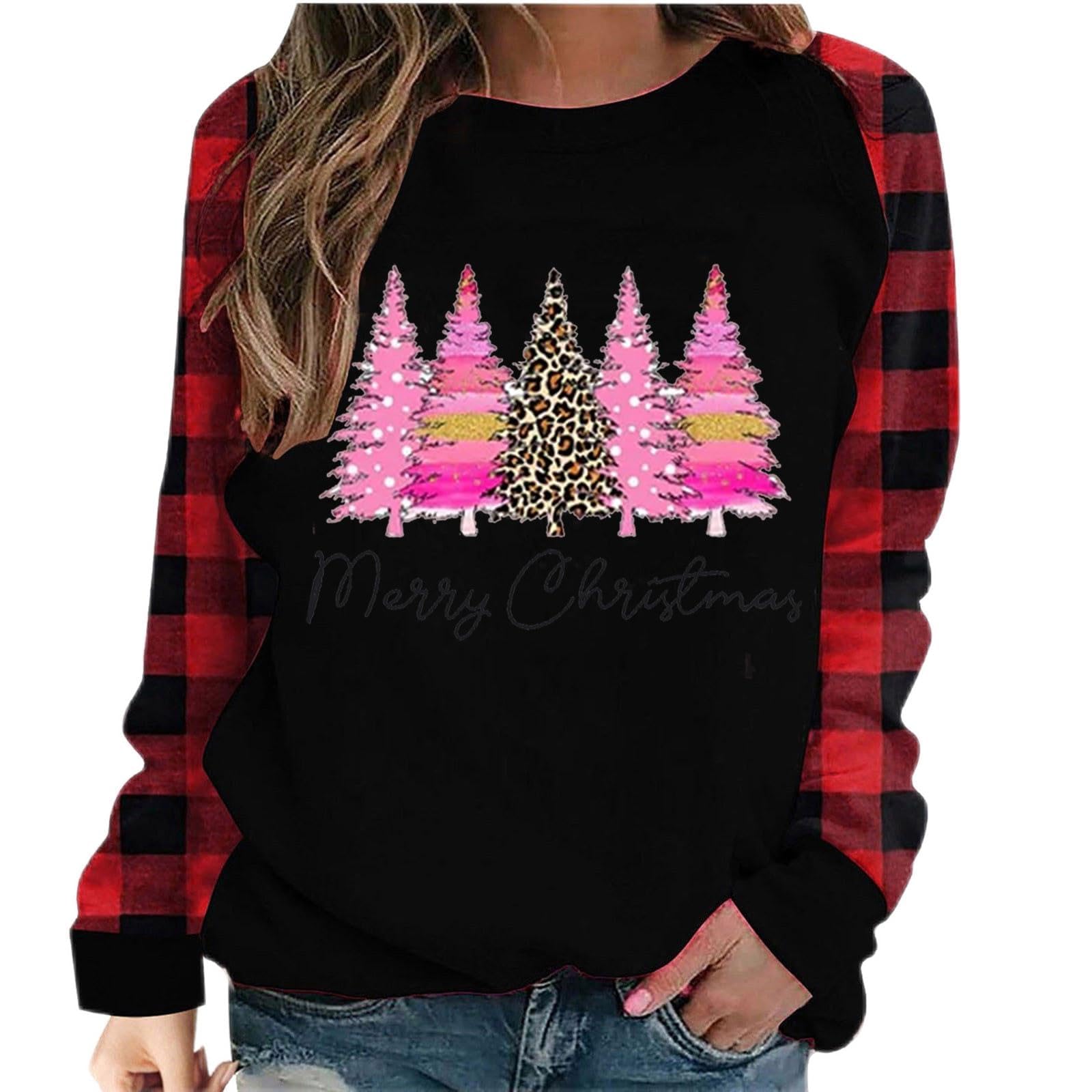 Women's Merry Christmas T-Shirt - Pink Leopard Print with Christmas Tree Graphic, Long Sleeve Raglan Pullover, Soft & Trendy Holiday Top for Parties, Gifts & Family Gatherings