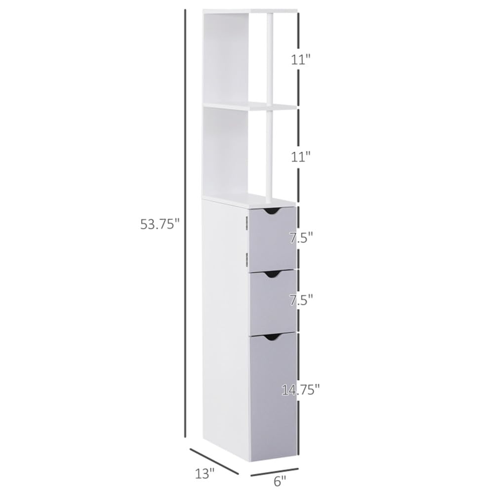 Tall Bathroom Storage Cabinet - Slim Freestanding Floor Cabinet with 2 Open Shelves, 1 Cabinet & 2 Drawers - Bathroom Organizer for Linen, Towels & Toiletries - Anti-Tipping Design - White - Perfect for Small Bathrooms, Apartments & Laundry Rooms