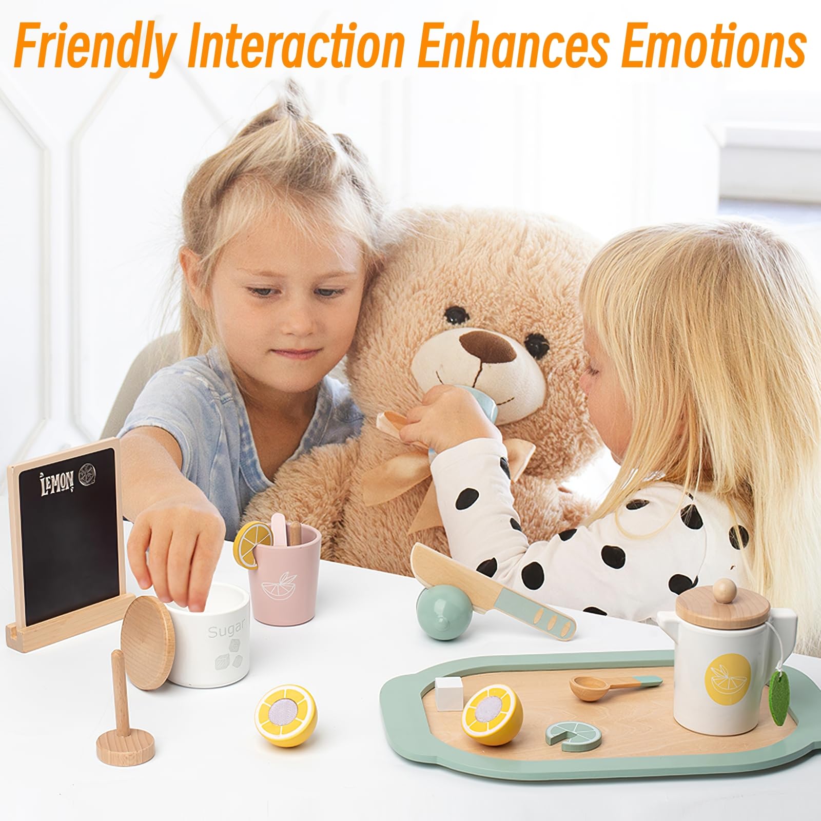 Wooden Tea Party Set for Kids - Pretend Play Toy Tea Set for Toddlers & Little Girls, Wooden Play Food & Kitchen Accessories (Lemon Tea) - Perfect for Birthday Gifts, Pretend Playtime & Early Learning Activities