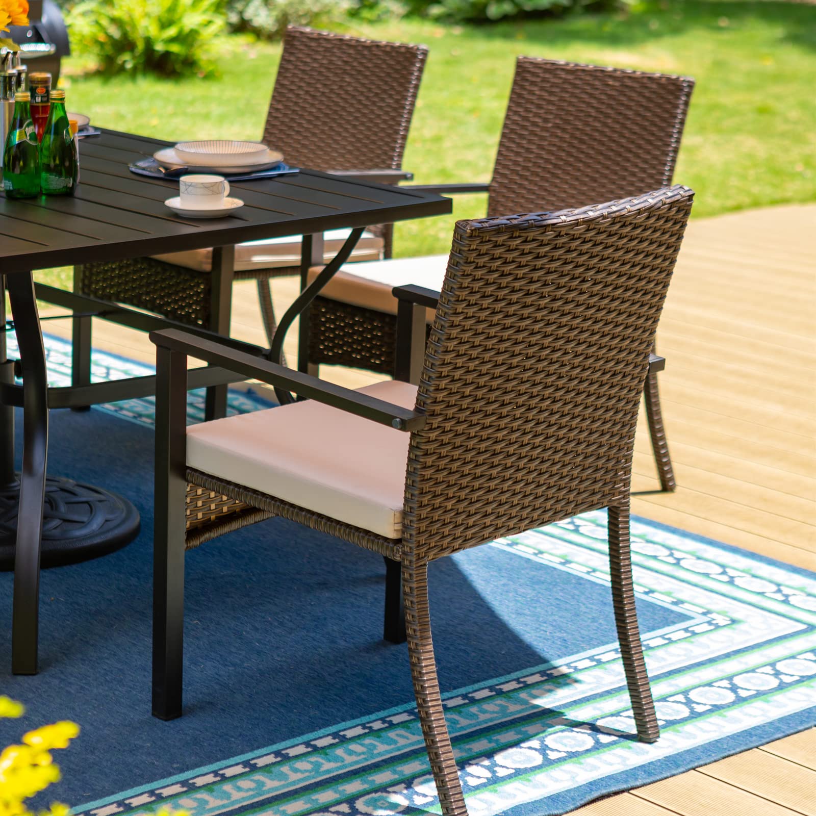 MFSTUDIO 4-Piece Patio Rattan Outdoor Wicker Chair Set with Cushions - Brown Woven Wicker Dining Chairs for Porch, Garden & Backyard - Extra Wide Seating for Comfortable Outdoor Entertaining