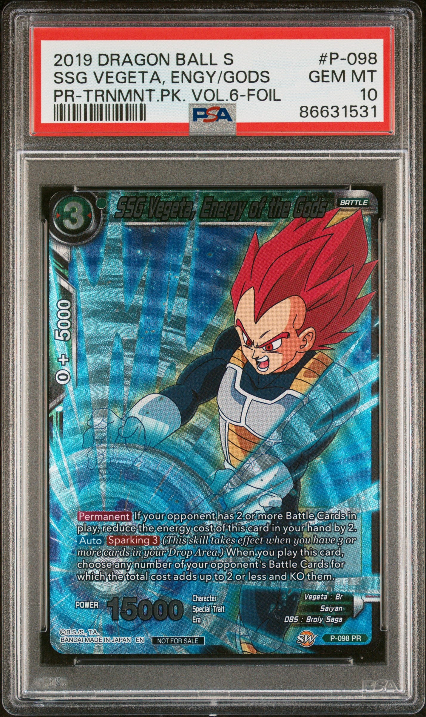 2019 Dragon Ball Super Official SSG Vegeta, Engy/Gods #P 098 PSA 10 - Rare Collectible Card for Anime Fans & Trading Card Game Enthusiasts - Perfect for Display, Investment & Battles