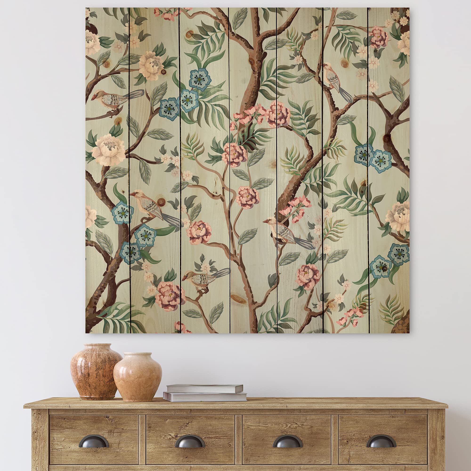 Chinoiserie Bird & Peony Traditional Wood Wall Decor - Grey Wood Art Panel with Large Animal Prints on Natural Pine - Perfect for Living Room, Bedroom & Office Decor